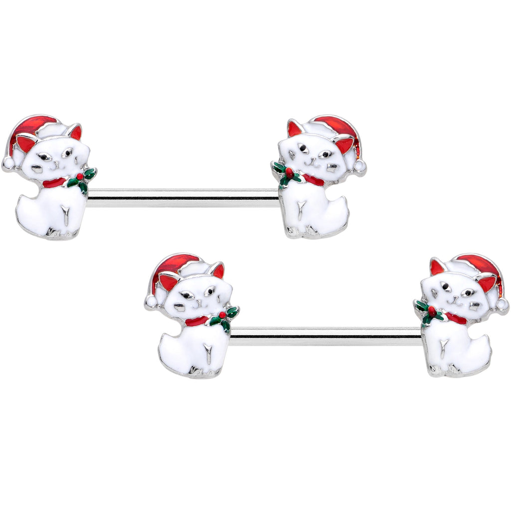 BodyCandy 14G 9/16 White Cat Santa Hat Christmas Barbell Nipple Ring Set — main product shot