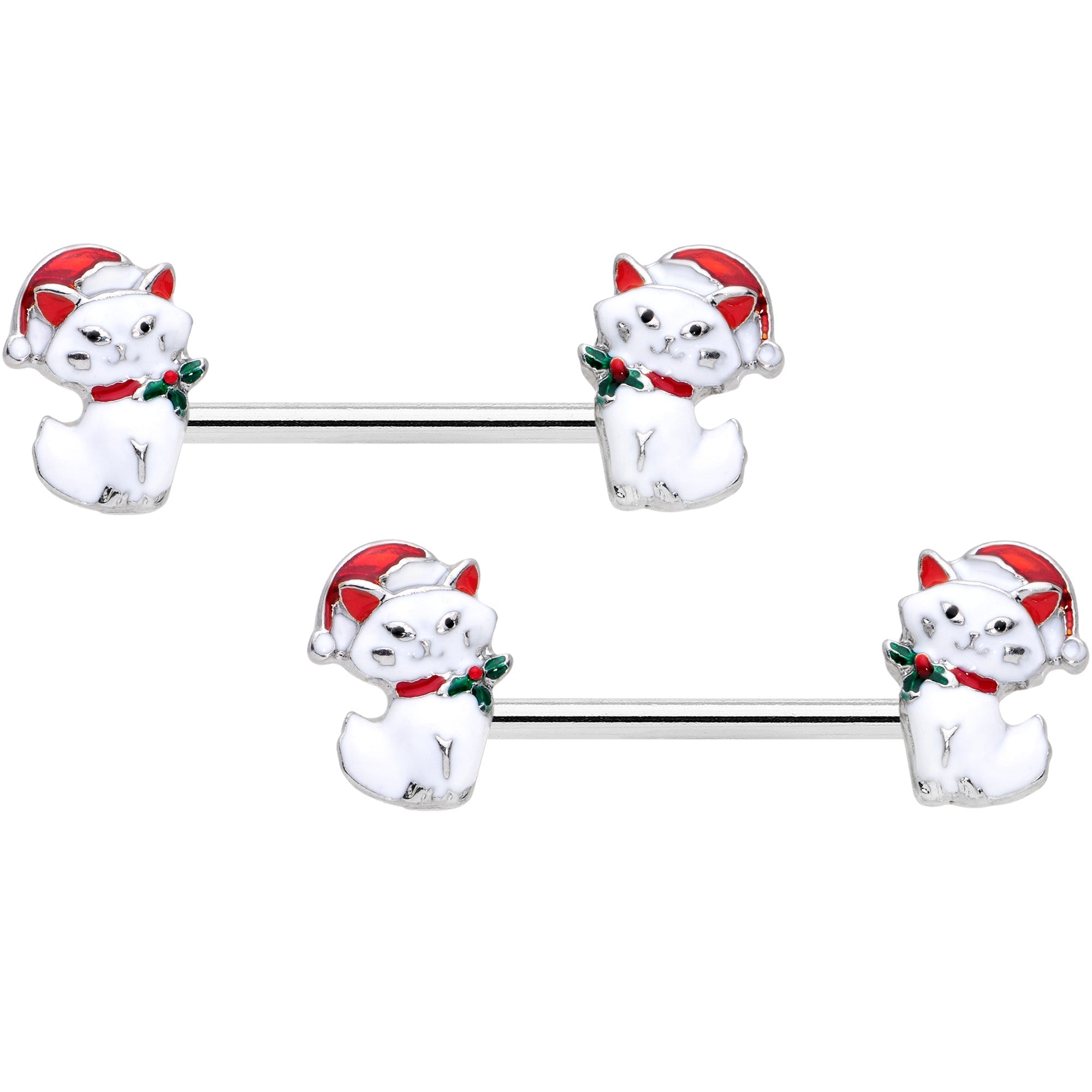 BodyCandy 14G 9/16 White Cat Santa Hat Christmas Barbell Nipple Ring Set — main product shot