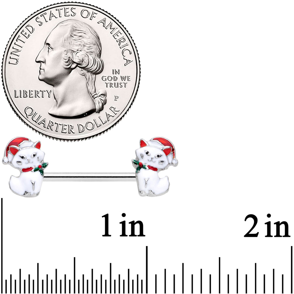 BodyCandy 14G 9/16 White Cat Santa Hat Christmas Barbell Nipple Ring Set — detail close-up