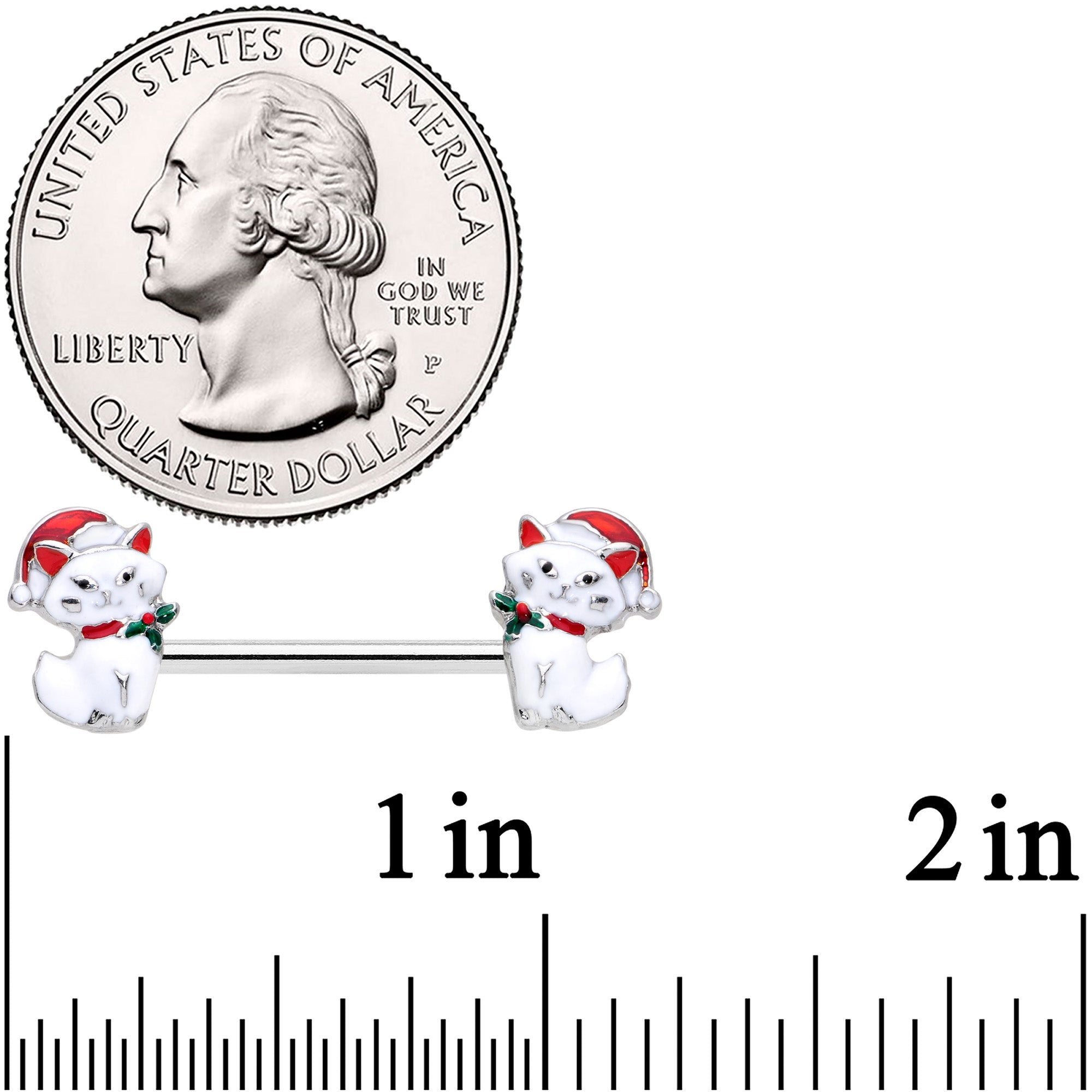 BodyCandy 14G 9/16 White Cat Santa Hat Christmas Barbell Nipple Ring Set — detail close-up