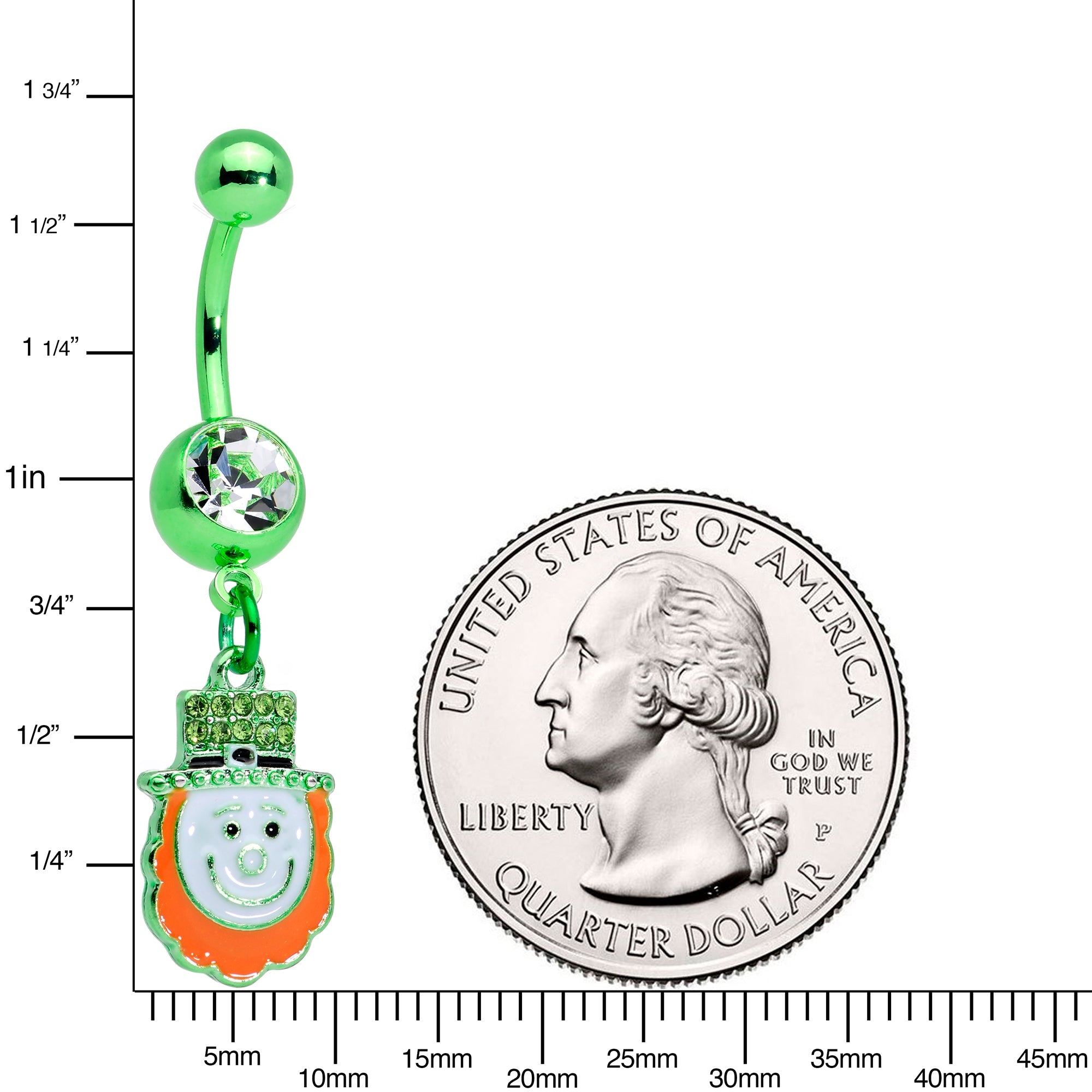BodyCandy Clear Green Gem Happy Leprechaun St Patricks Day Dangle Belly Ring — detail close-up