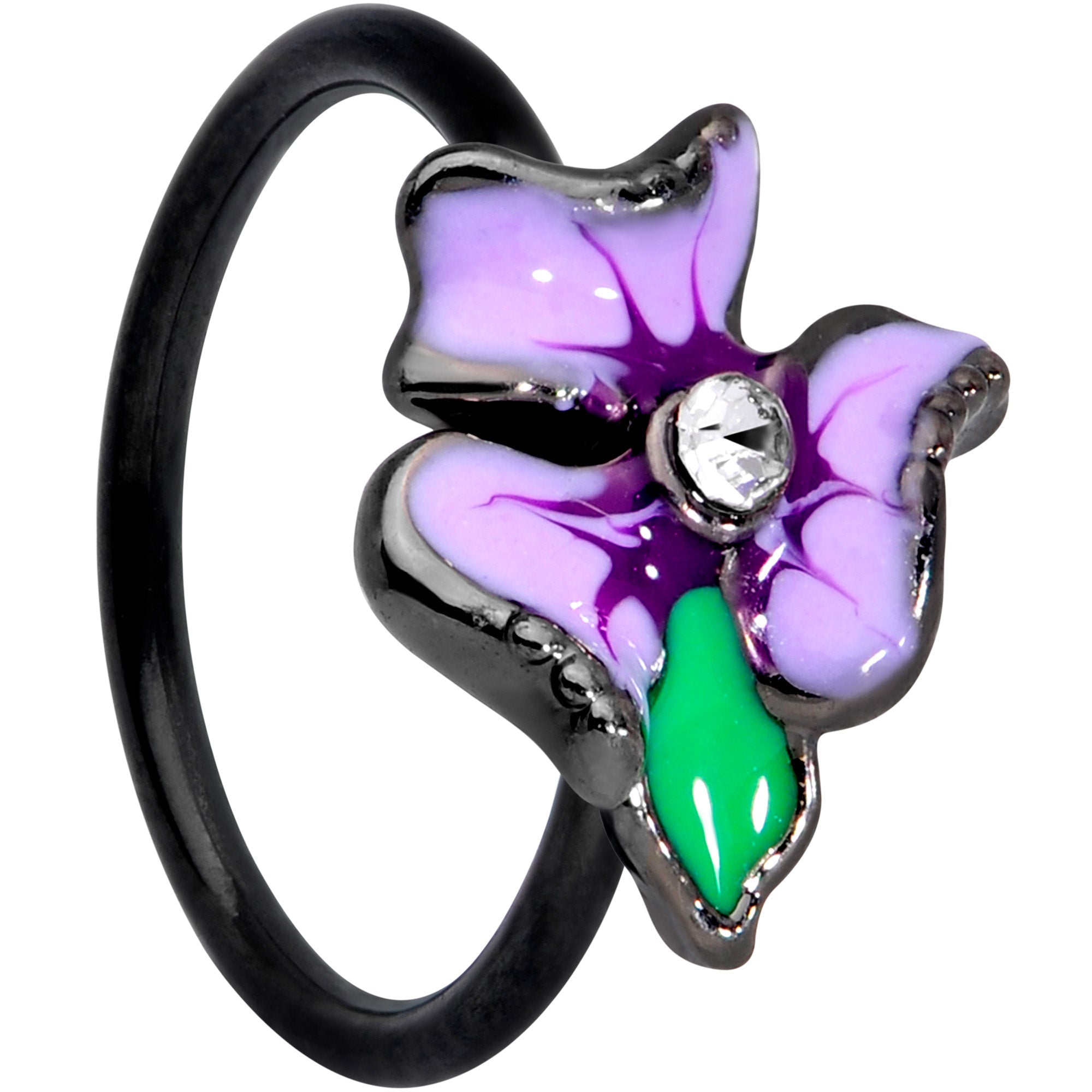 BodyCandy 20G 5/16 Clear Gem Black Purple Iris Flower Nose Hoop — main product shot