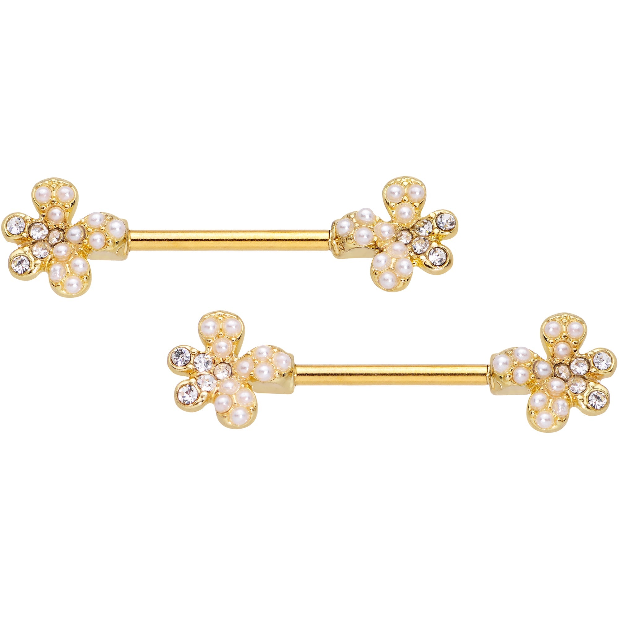 BodyCandy 14G 9/16 Clear Gem Gold Tone Style Splat Barbell Nipple Ring Set — main product shot