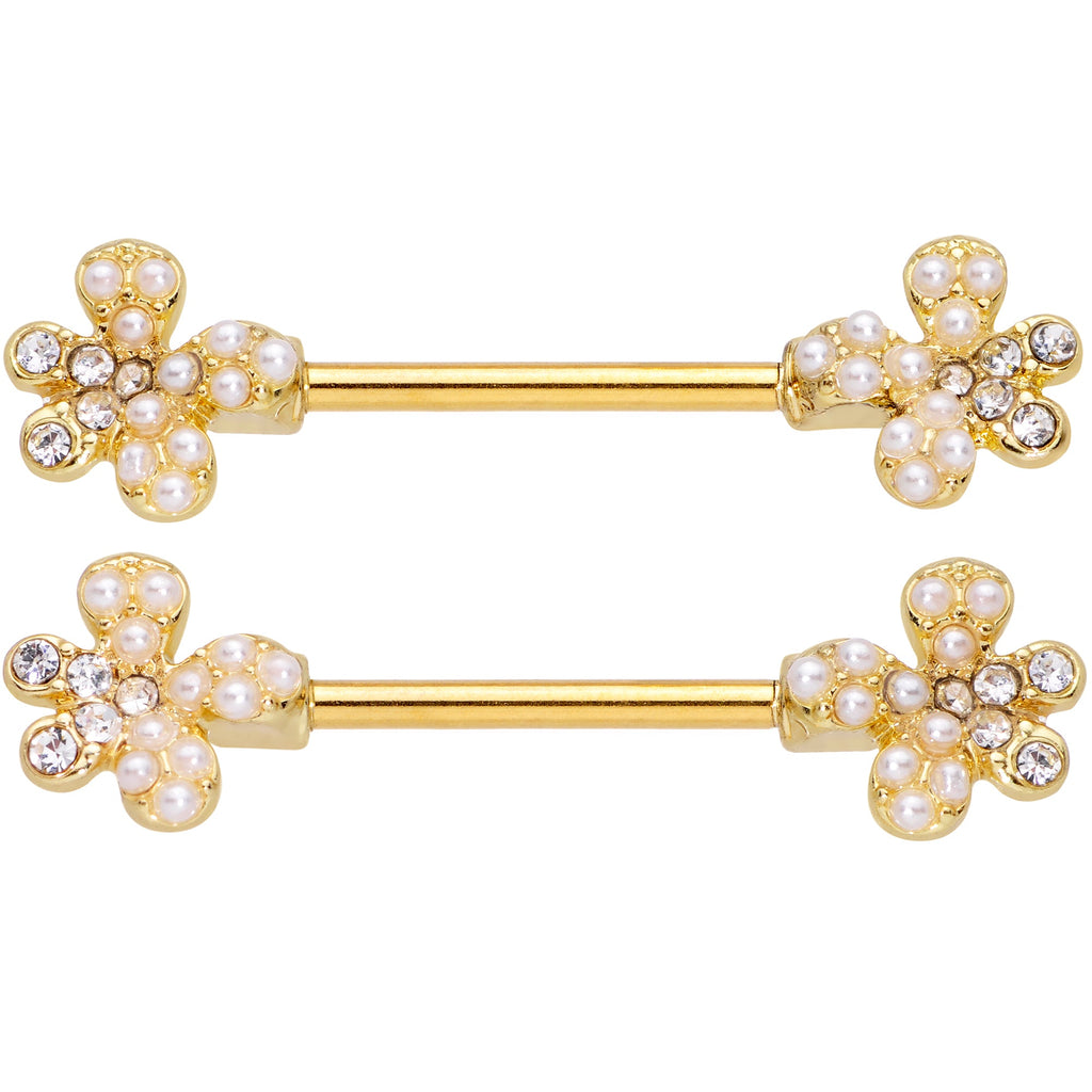 BodyCandy 14G 9/16 Clear Gem Gold Tone Style Splat Barbell Nipple Ring Set — detail close-up