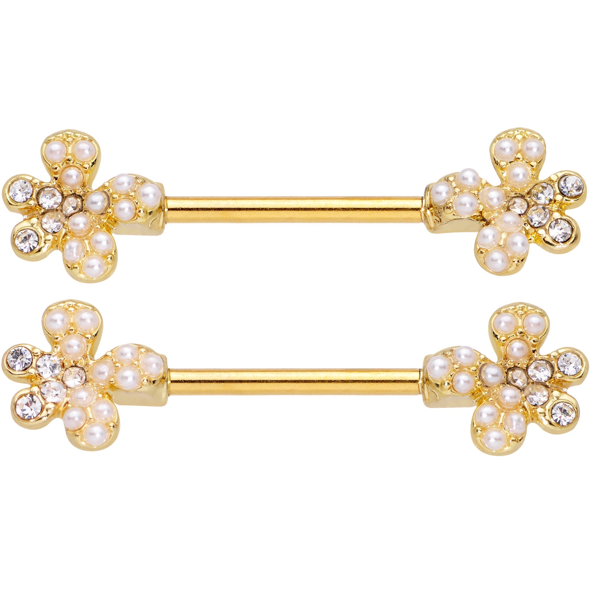 BodyCandy 14G 9/16 Clear Gem Gold Tone Style Splat Barbell Nipple Ring Set — detail close-up