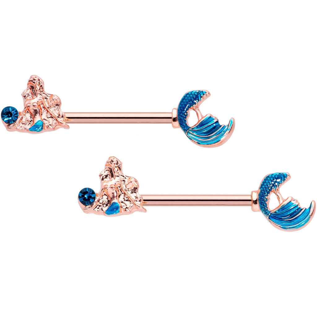 BodyCandy 14G 9/16 Aqua Gem Rose Gold Tone Gazing Mermaids Nipple Ring Set — main product shot