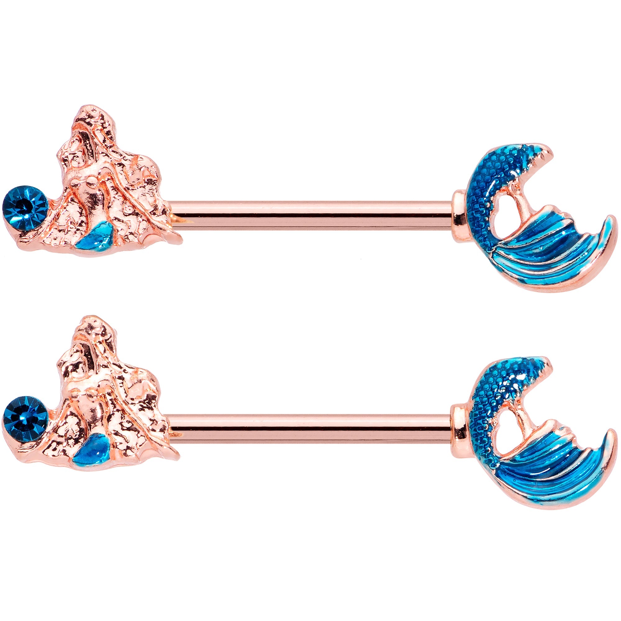 BodyCandy 14G 9/16 Aqua Gem Rose Gold Tone Gazing Mermaids Nipple Ring Set — detail close-up