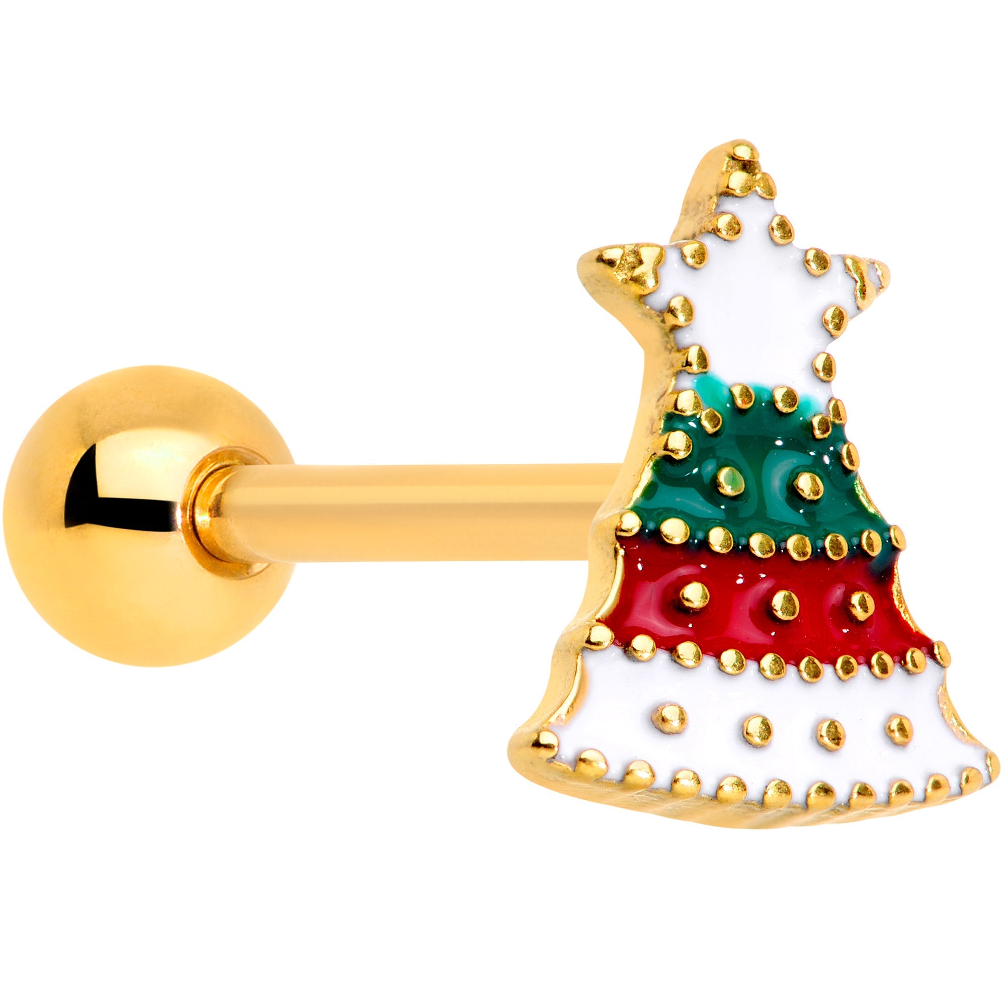 BodyCandy Gold Tone Red Green White Holiday Tree Christmas Barbell Tongue Ring — main product shot