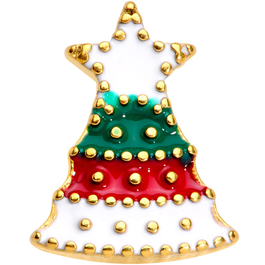 BodyCandy Gold Tone Red Green White Holiday Tree Christmas Barbell Tongue Ring — detail close-up
