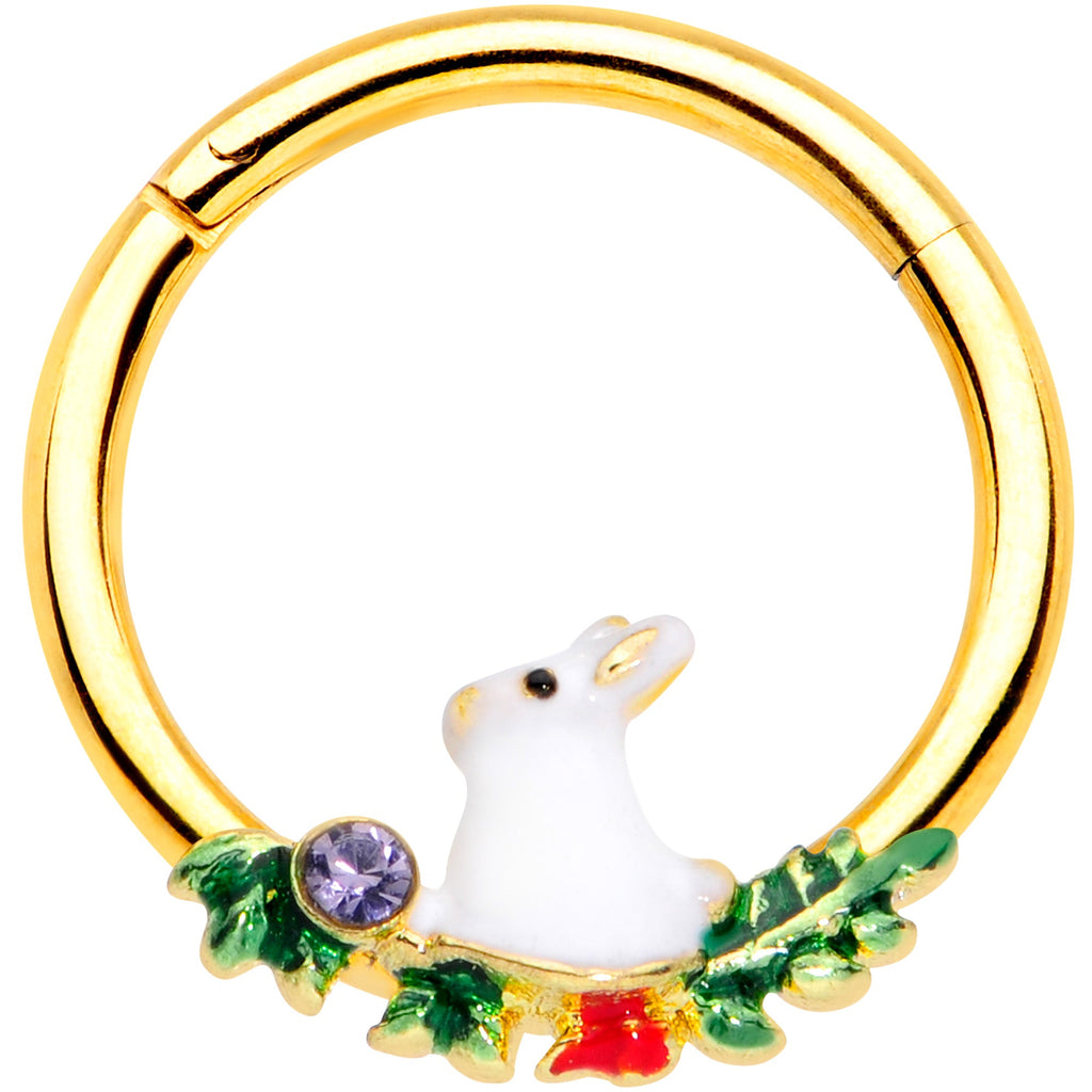 BodyCandy 16G 3/8 Purple Gem Gold Tone White Rabbit Hinged Segment Ring — main product shot