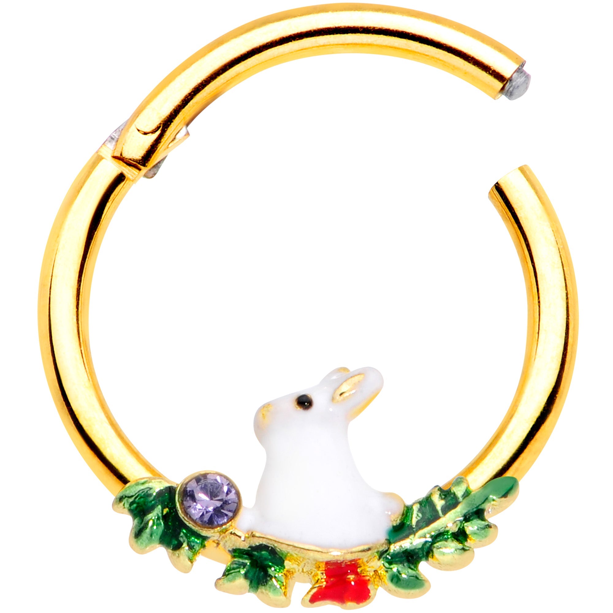 BodyCandy 16G 3/8 Purple Gem Gold Tone White Rabbit Hinged Segment Ring — detail close-up