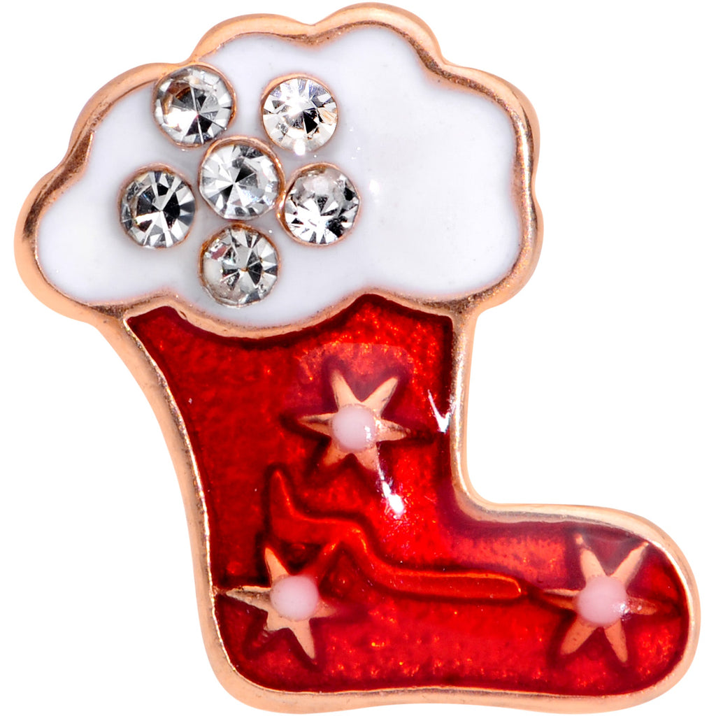 BodyCandy Clear CZ Gem Rose Gold Tone Christmas Stocking Barbell Tongue Ring — detail close-up