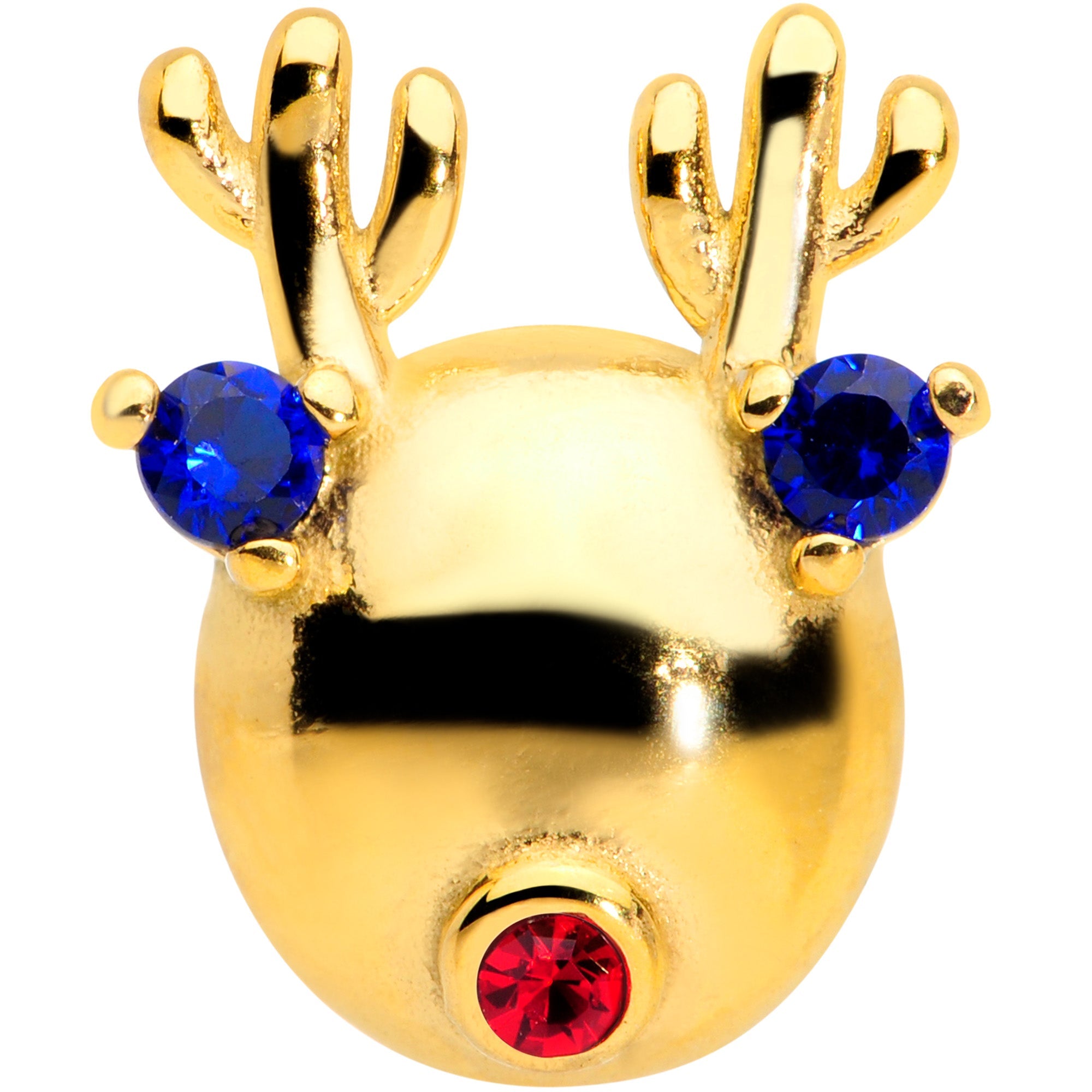BodyCandy Blue Red CZ Gem Gold Tone Reindeer Christmas Barbell Tongue Ring — detail close-up