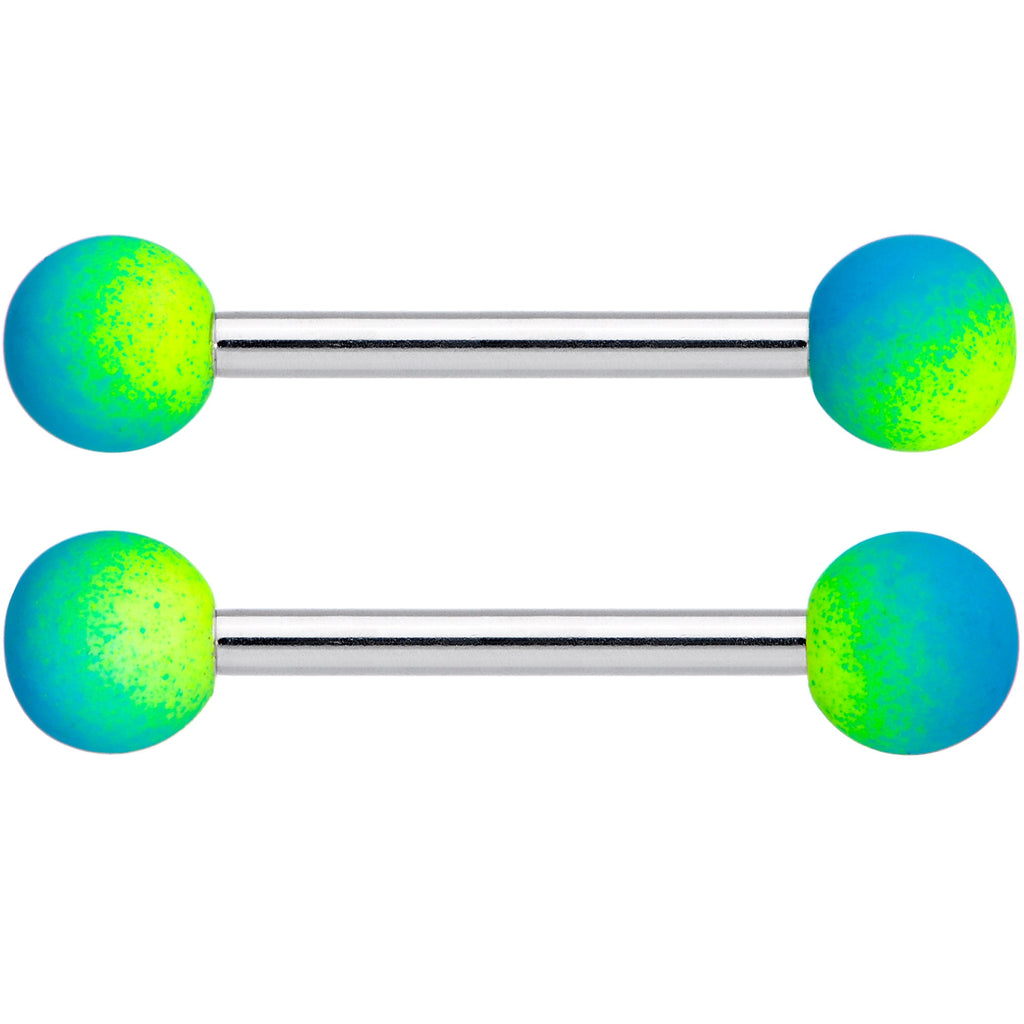 BodyCandy 14G 9/16 Yellow Blue Ombre Soft Finish Barbell Nipple Ring Set — detail close-up