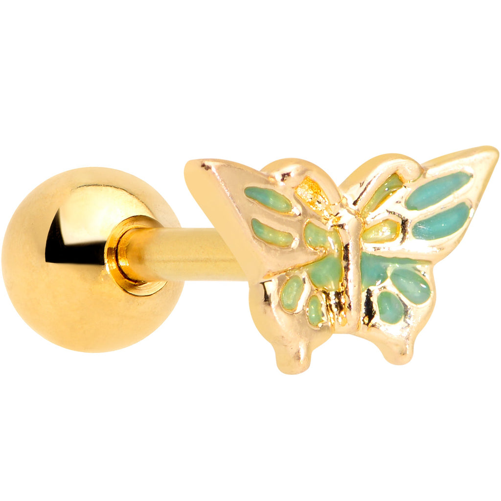 BodyCandy 16G 1/4 Gold Tone Green Inlay Butterfly Cartilage Tragus Earring — main product shot