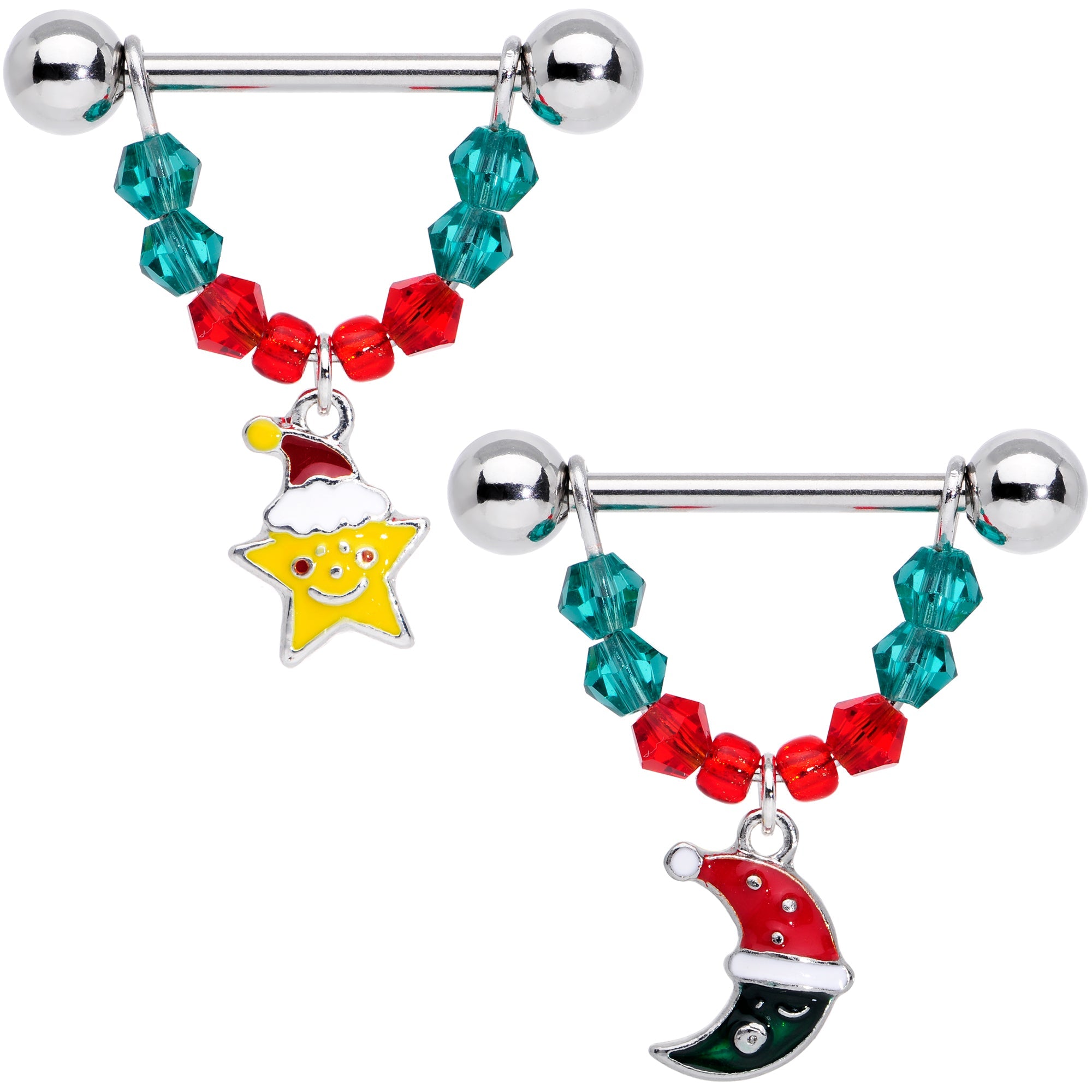 BodyCandy 14G 9/16 Red Green Gem Star Moon Christmas Dangle Nipple Ring Set — main product shot