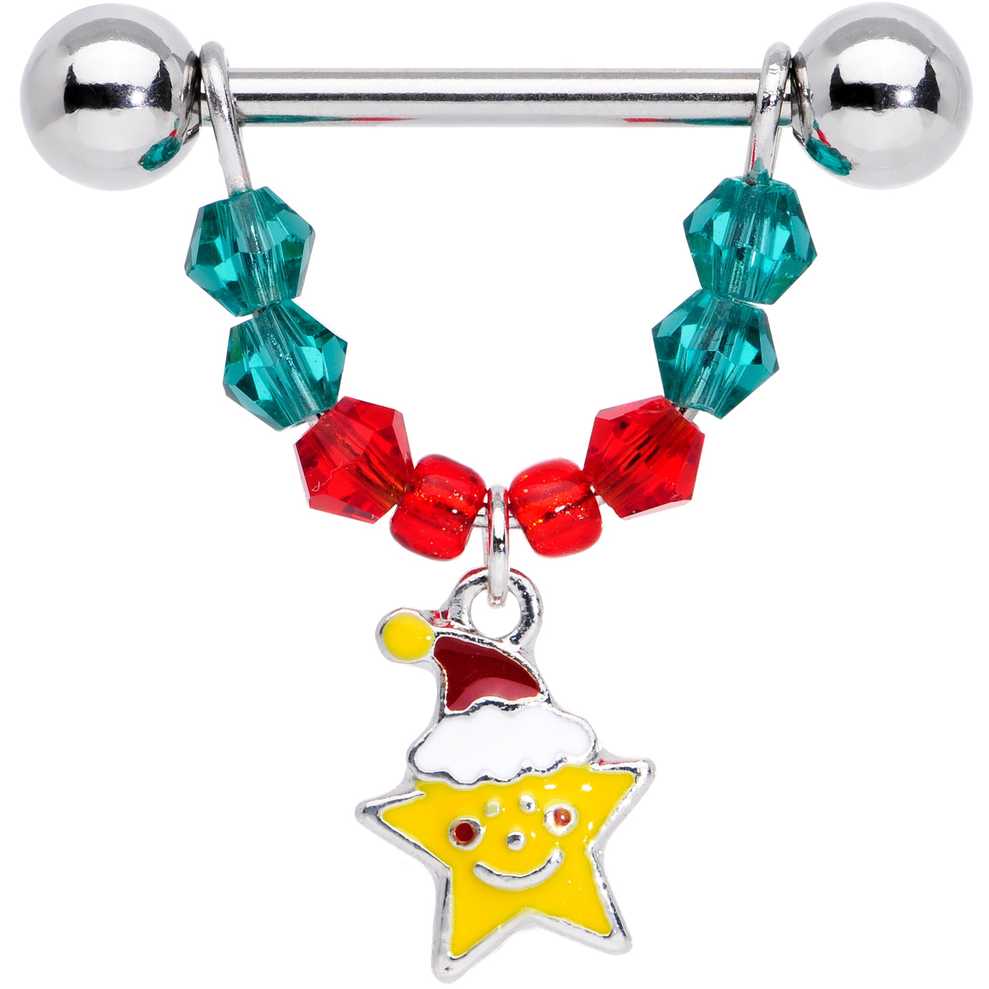 BodyCandy 14G 9/16 Red Green Gem Star Moon Christmas Dangle Nipple Ring Set — detail close-up