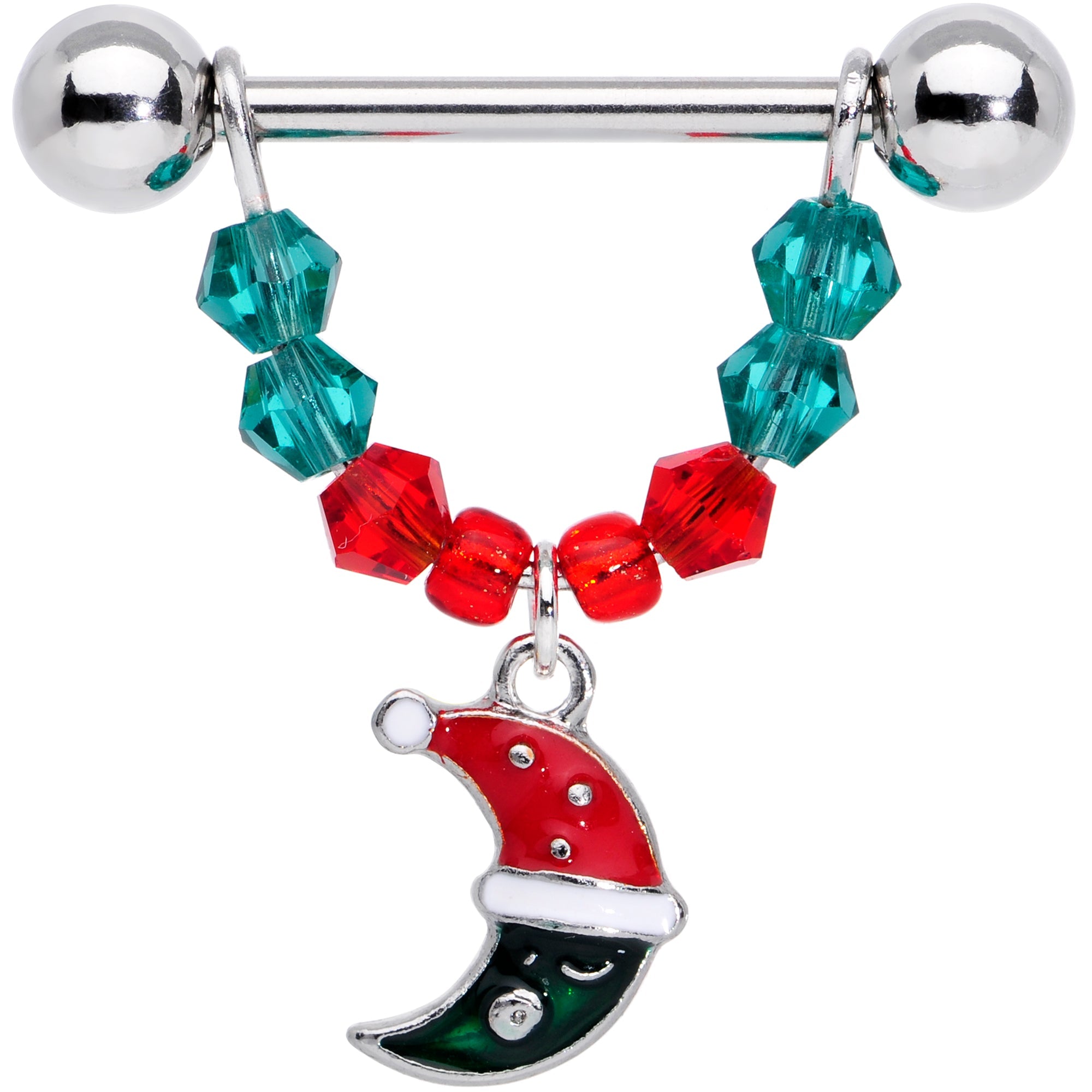 BodyCandy 14G 9/16 Red Green Gem Star Moon Christmas Dangle Nipple Ring Set — lifestyle context