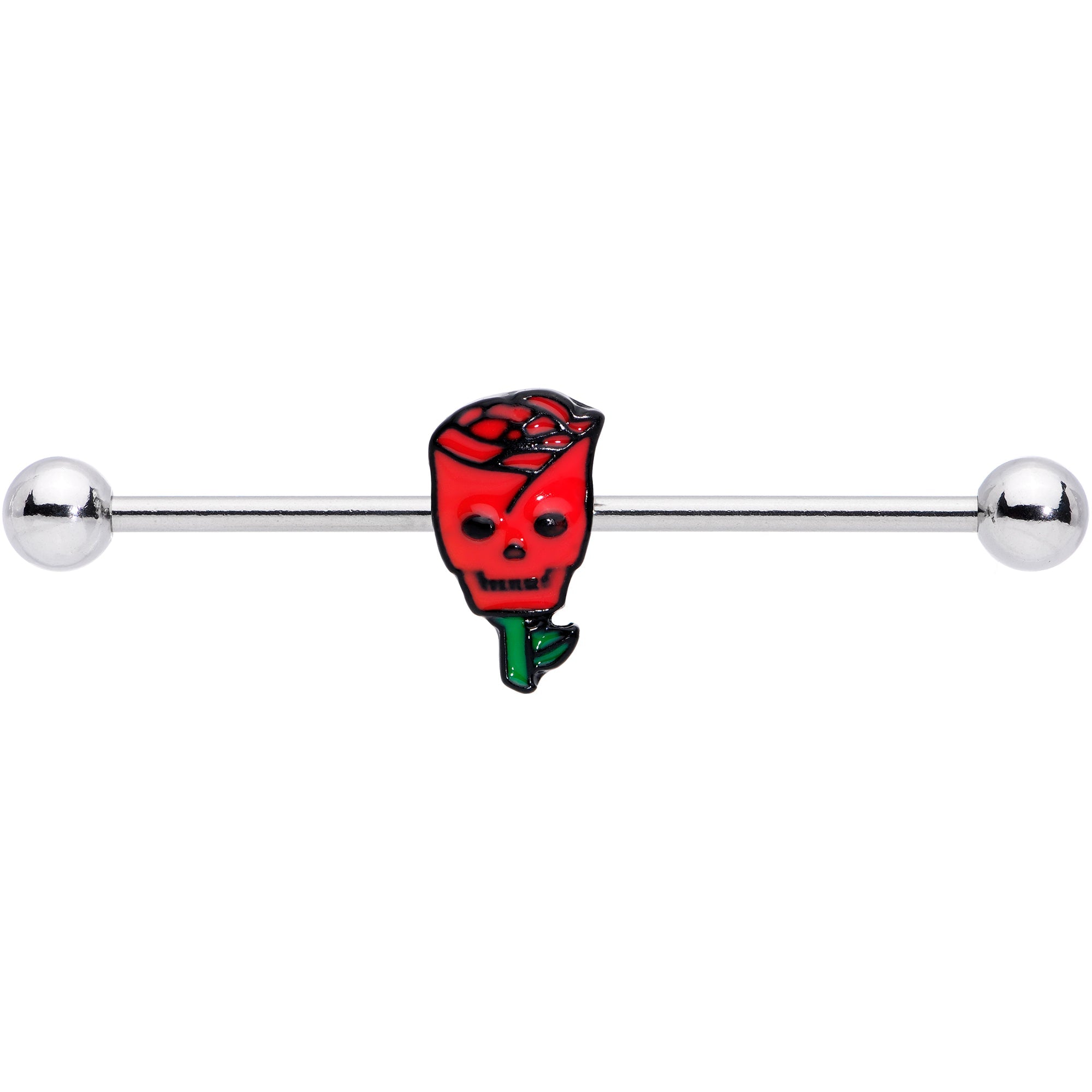 BodyCandy 14G Skull Red Rose Valentines Industrial Barbell 38mm — detail close-up