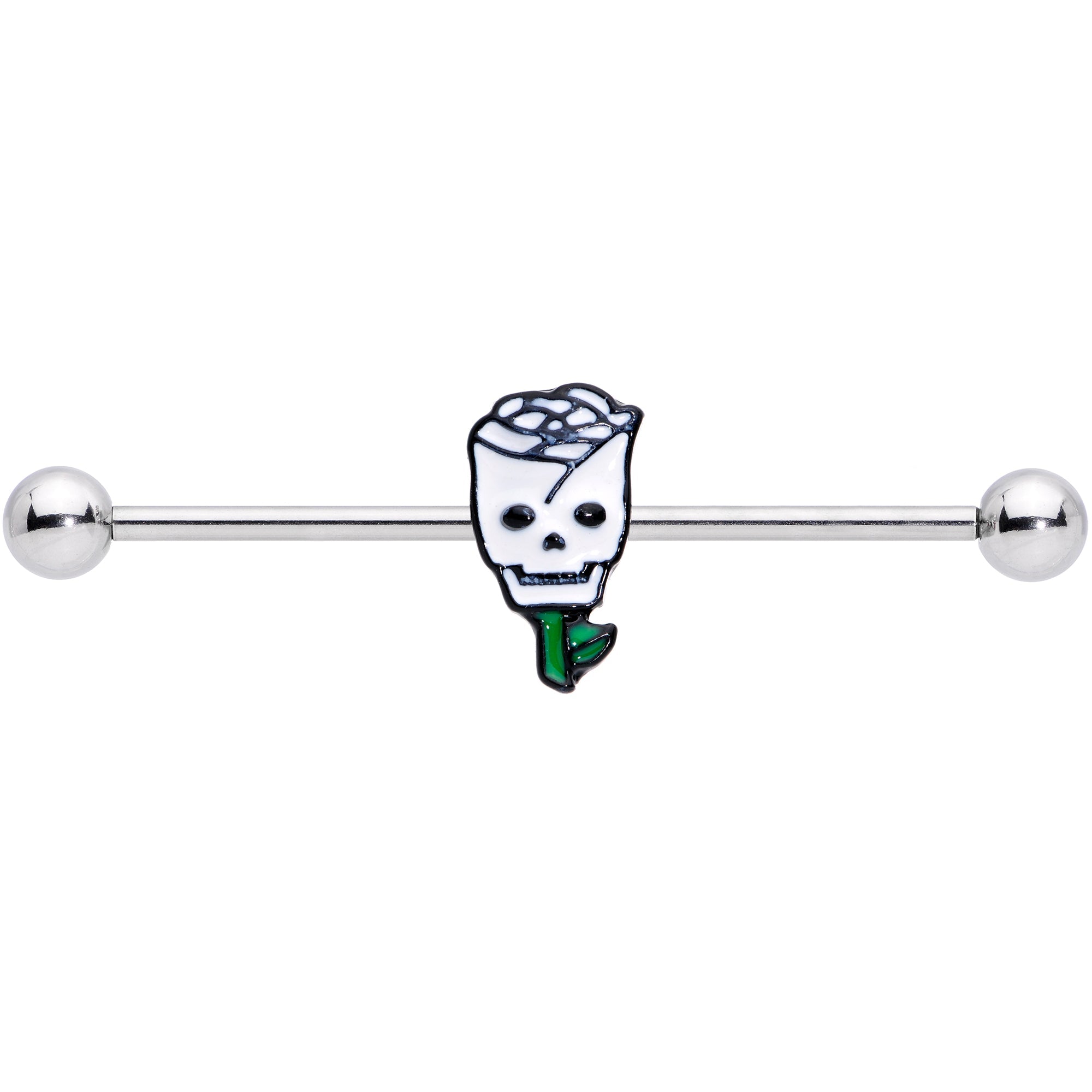 BodyCandy 14G Skull White Rose Valentines Industrial Barbell 38mm — detail close-up