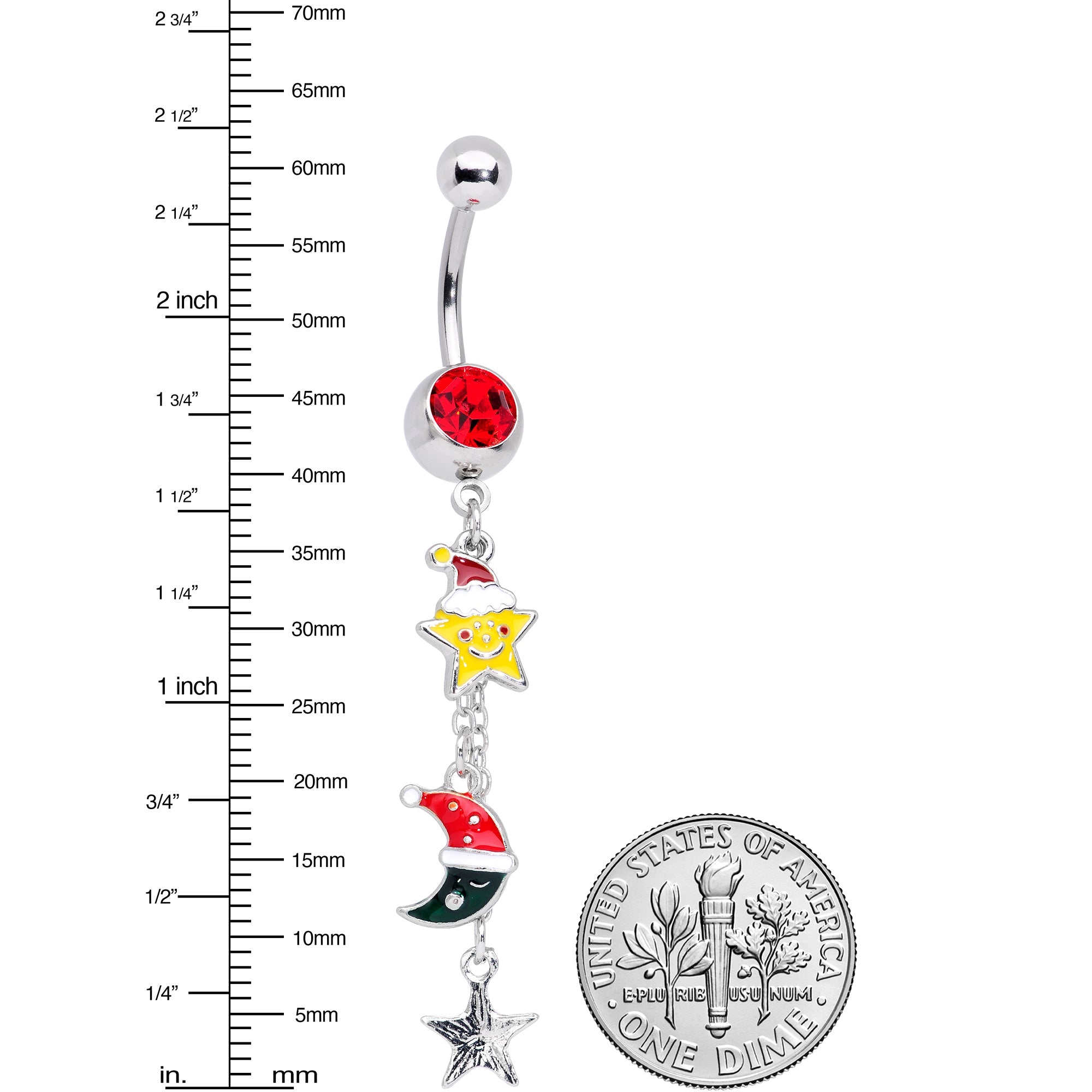 BodyCandy Red Gem Santa Hat Moon Star Christmas Dangle Belly Ring — detail close-up