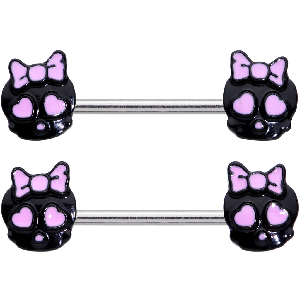 BodyCandy 14G 9/16 Heart Bow Black Skull Halloween Barbell Nipple Ring Set — detail close-up
