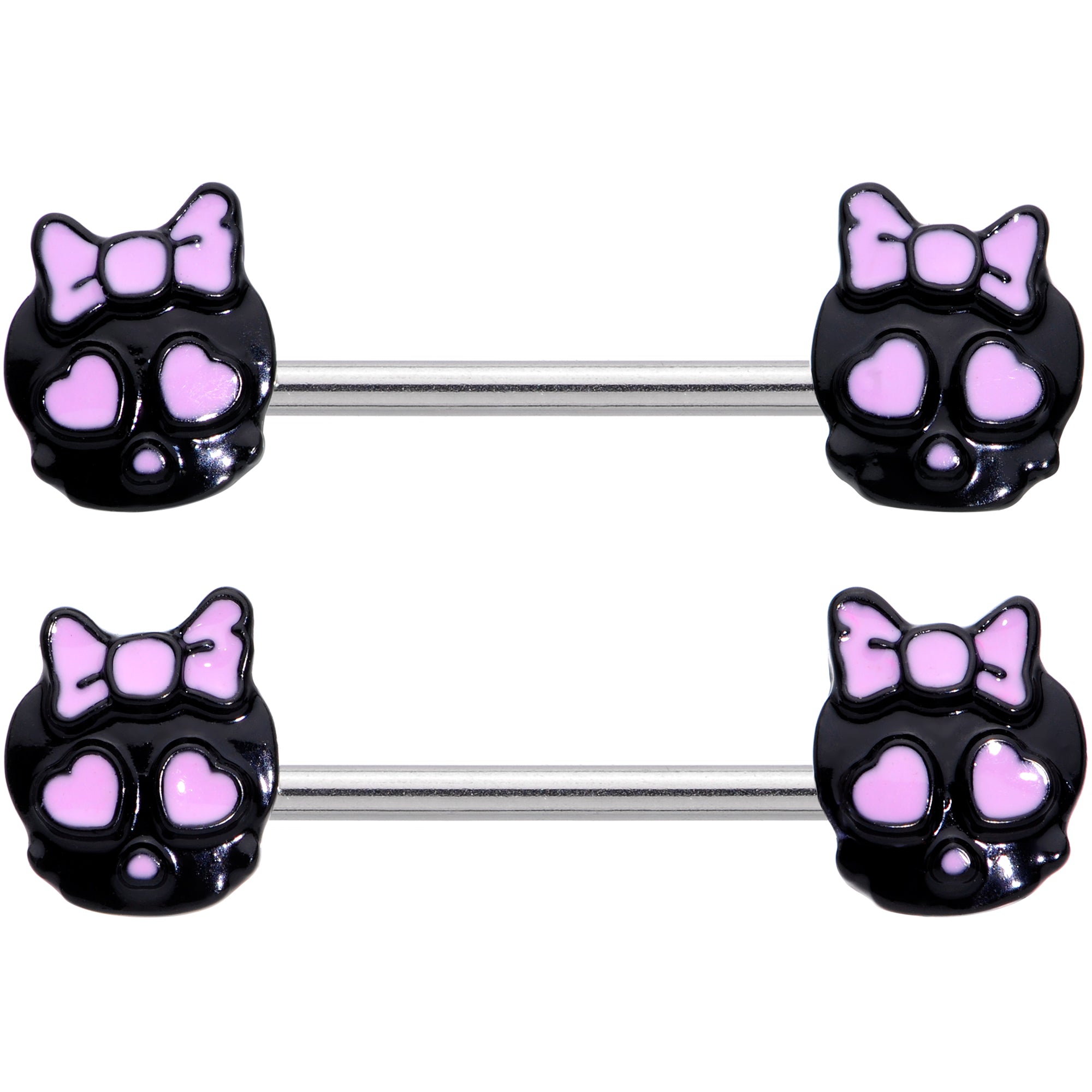 BodyCandy 14G 9/16 Heart Bow Black Skull Halloween Barbell Nipple Ring Set — detail close-up
