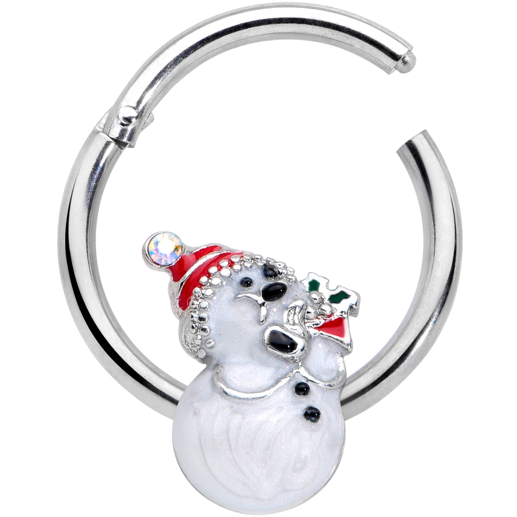 BodyCandy 16G 3/8 Clear Gem Snowman Christmas Hinged Segment Ring — detail close-up