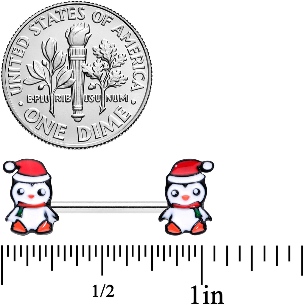 BodyCandy 14G 9/16 Santa Penguin Christmas Barbell Nipple Ring Set — detail close-up