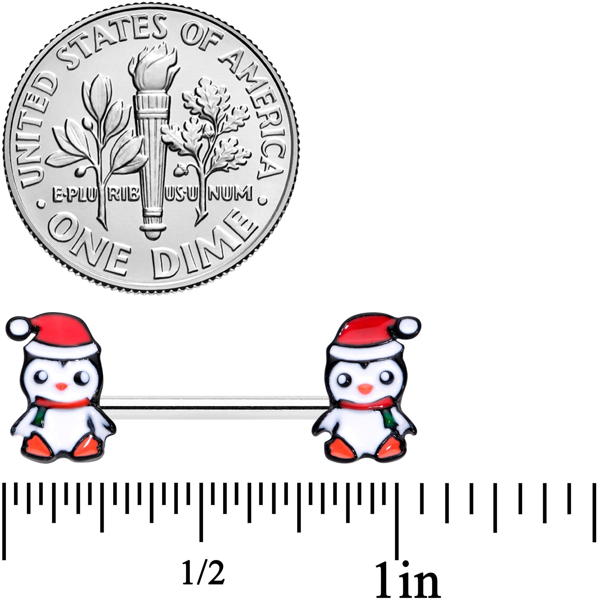 BodyCandy 14G 9/16 Santa Penguin Christmas Barbell Nipple Ring Set — detail close-up
