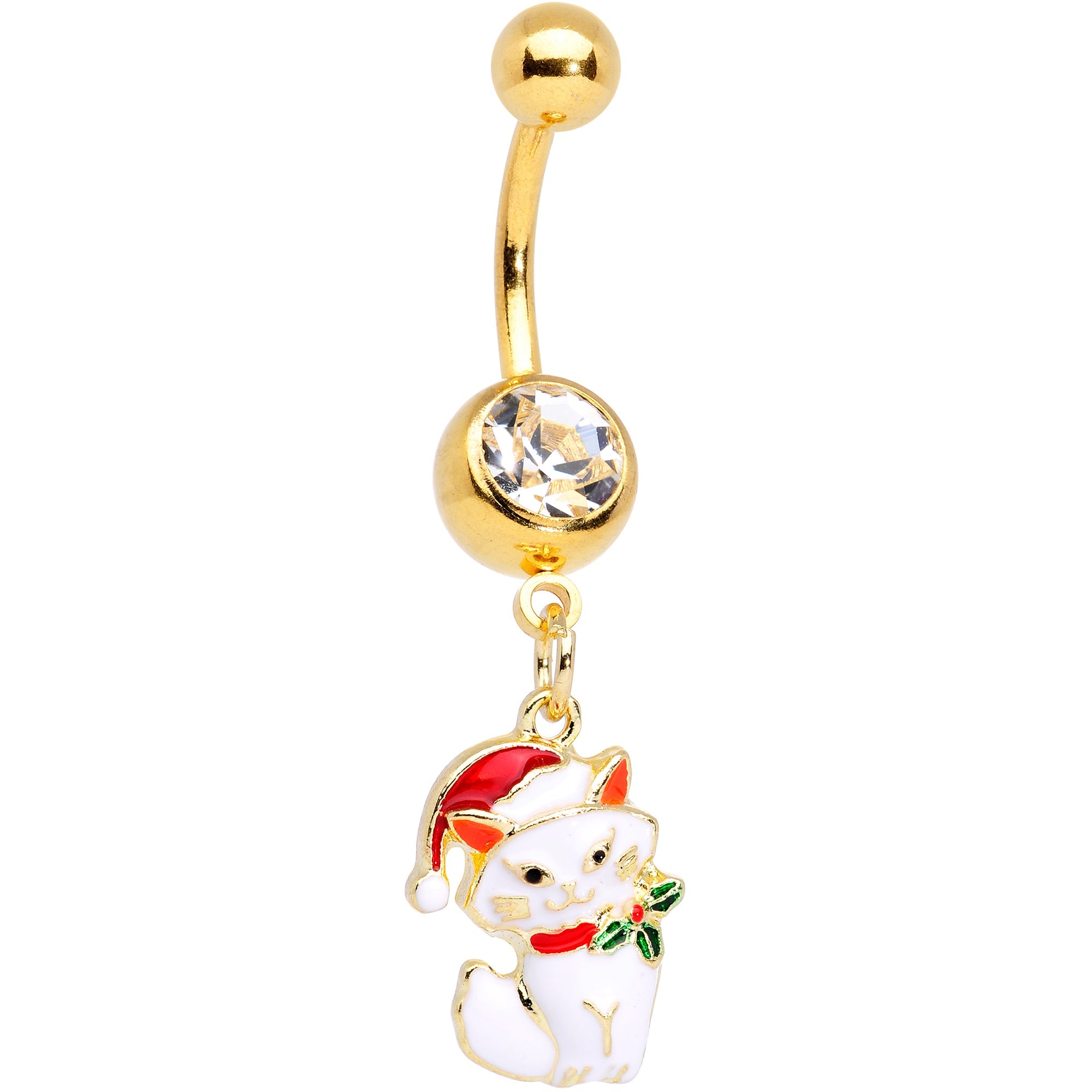 BodyCandy Clear Gem Gold Tone White Cat Santa Hat Christmas Dangle Belly Ring — main product shot