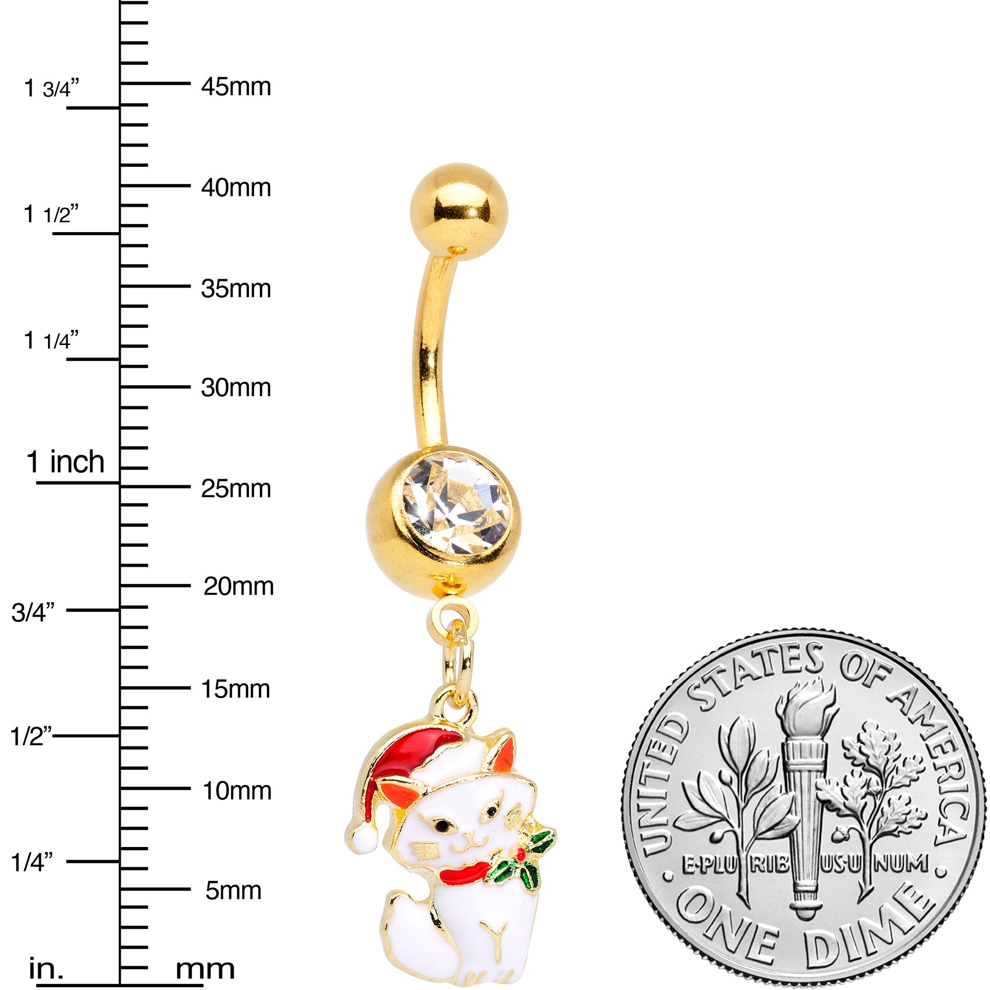BodyCandy Clear Gem Gold Tone White Cat Santa Hat Christmas Dangle Belly Ring — detail close-up