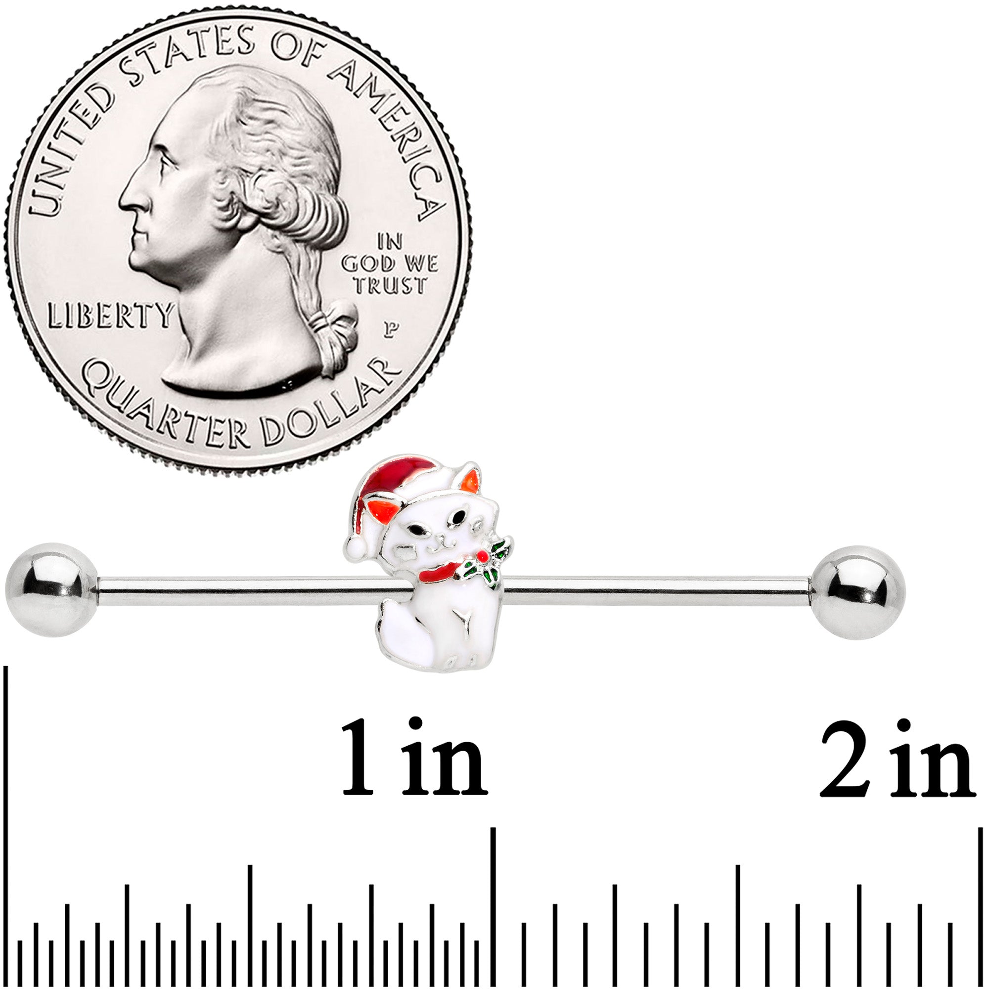 BodyCandy 14G Cat Santa Hat Christmas Industrial Barbell 38mm — detail close-up