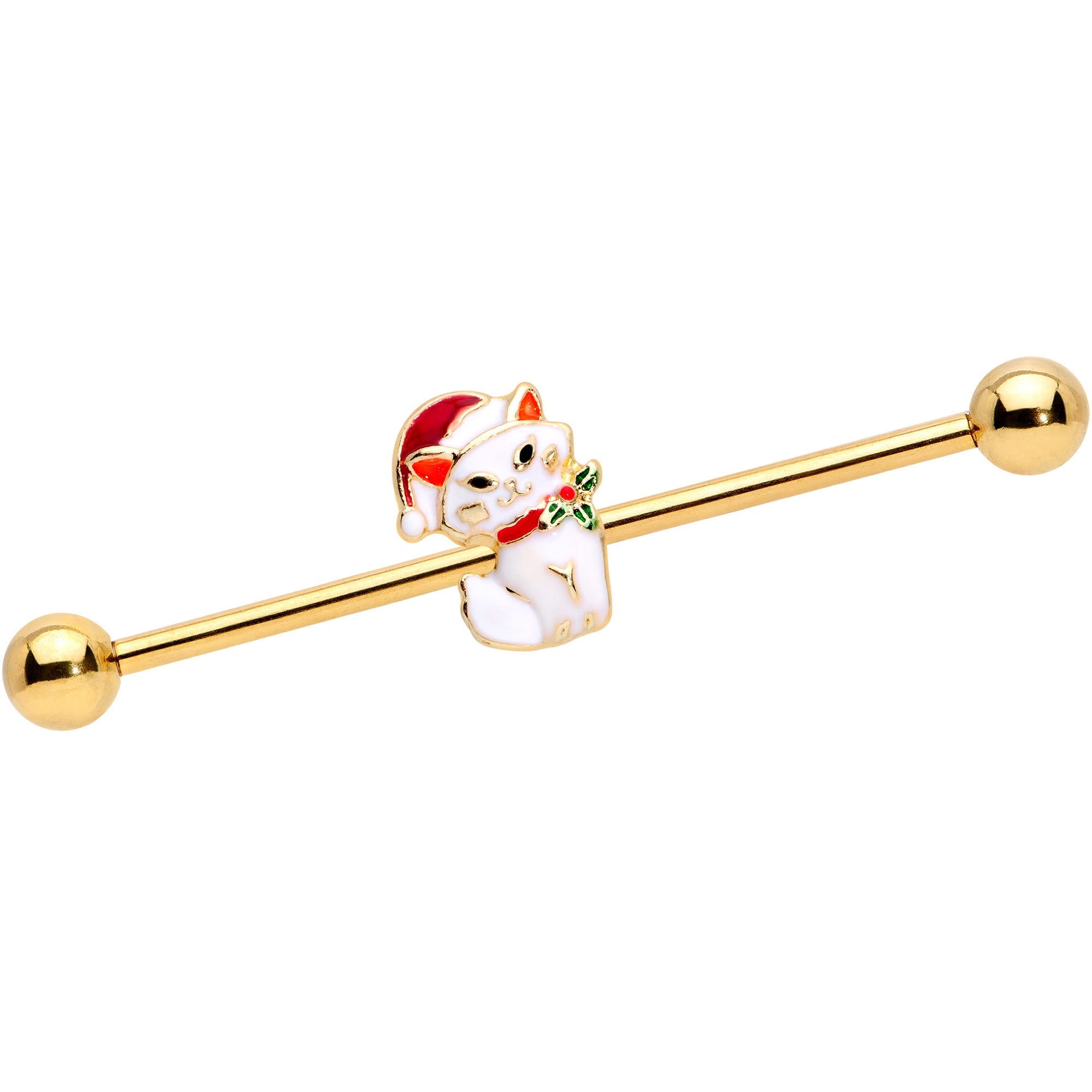 BodyCandy 14G Gold Tone Cat Santa Hat Christmas Industrial Barbell 38mm — main product shot