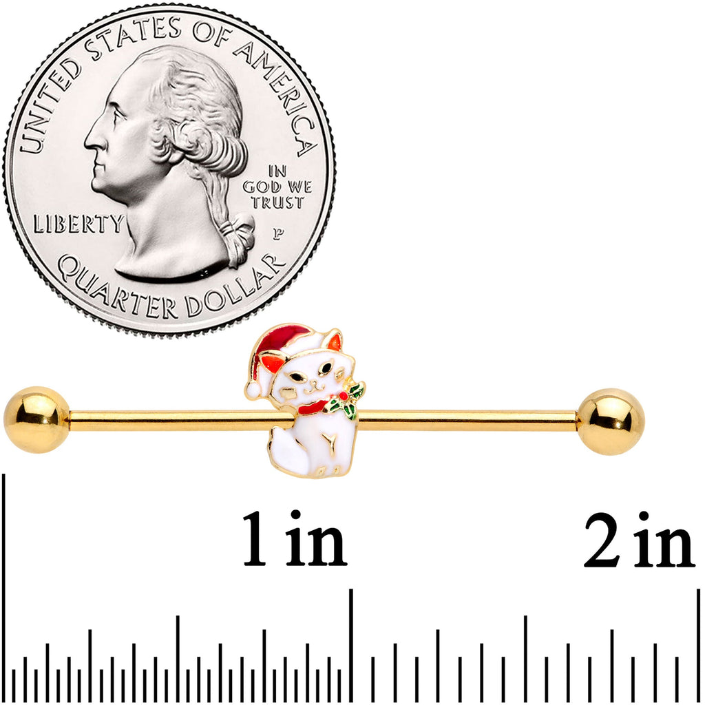 BodyCandy 14G Gold Tone Cat Santa Hat Christmas Industrial Barbell 38mm — detail close-up