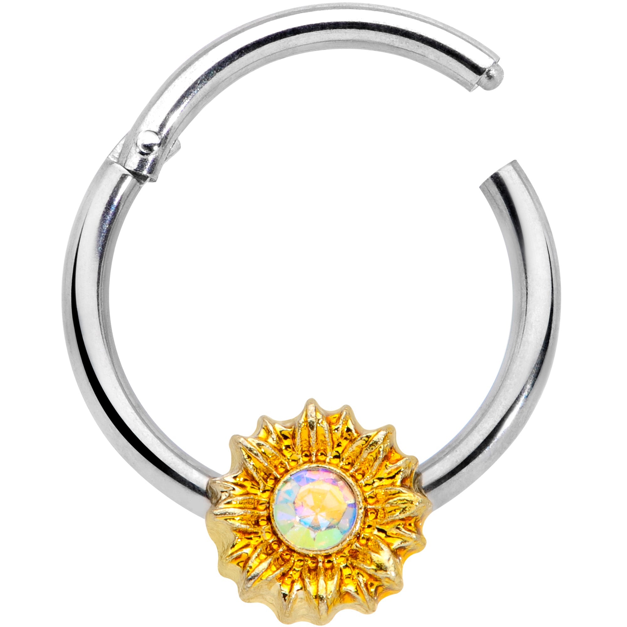 BodyCandy 16G 3/8 Aurora Gem Sunflower Style Hinged Segment Ring — detail close-up