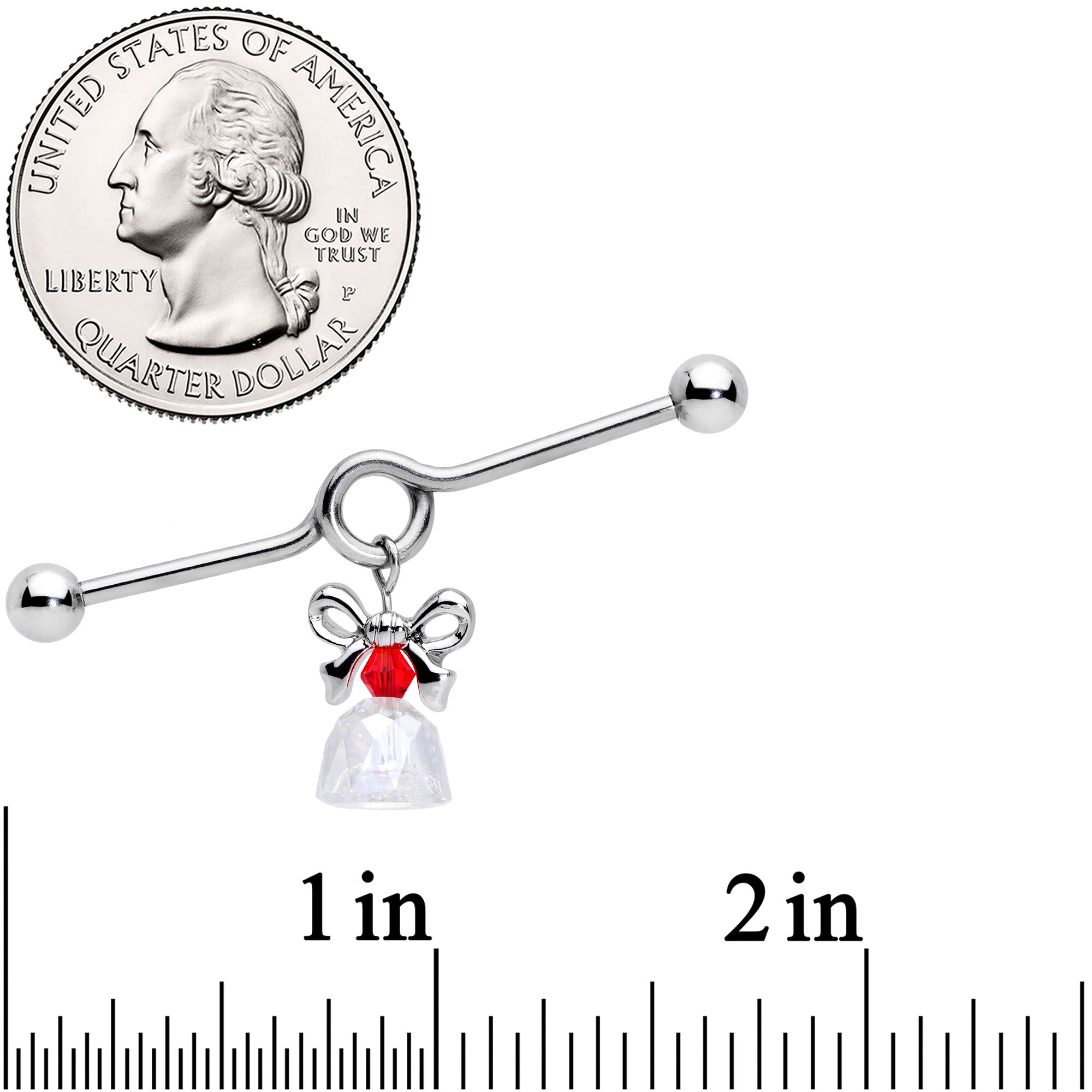 BodyCandy 14G Clear Red Gem Bell Christmas Dangle Project Barbell 38mm — detail close-up