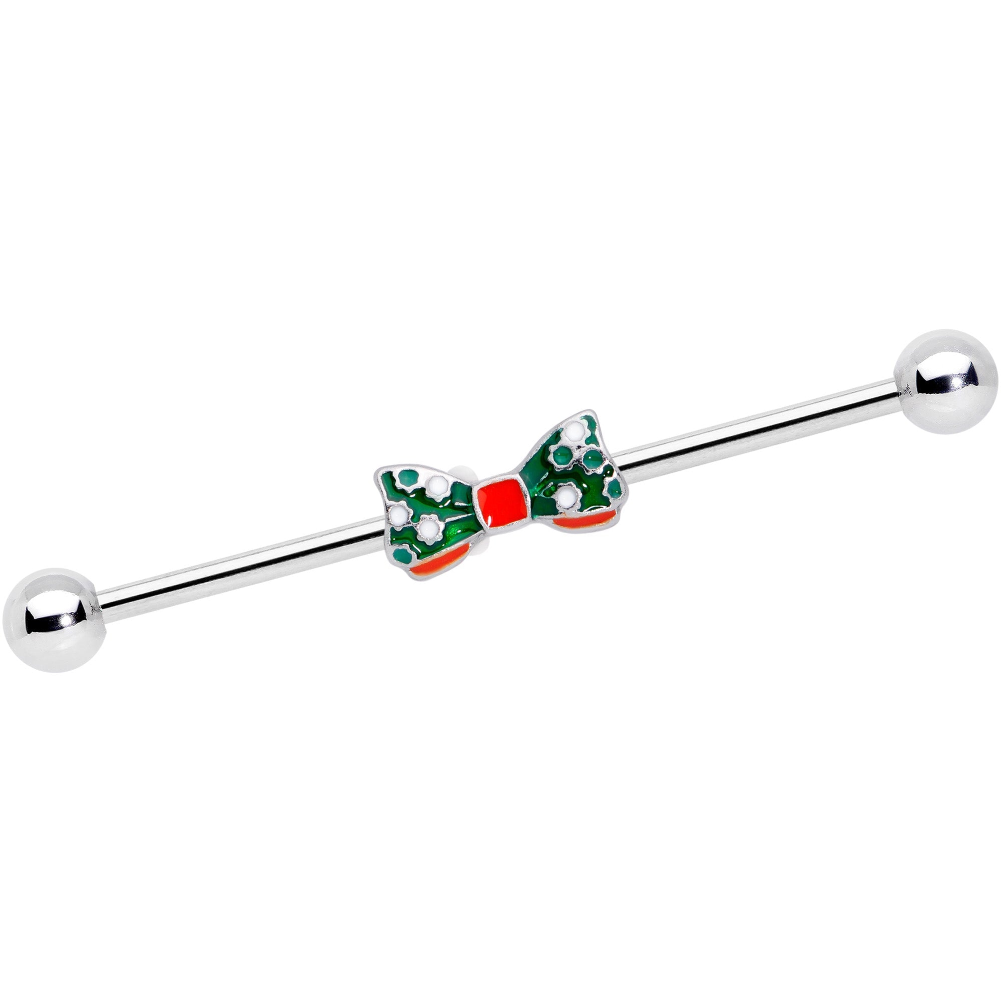 BodyCandy 14G Green Red White Bow Christmas Industrial Barbell 38mm — main product shot