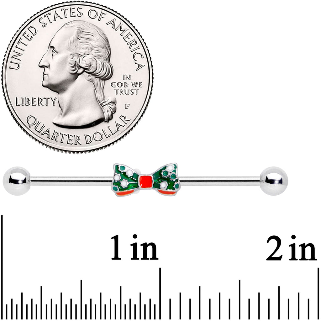 BodyCandy 14G Green Red White Bow Christmas Industrial Barbell 38mm — detail close-up