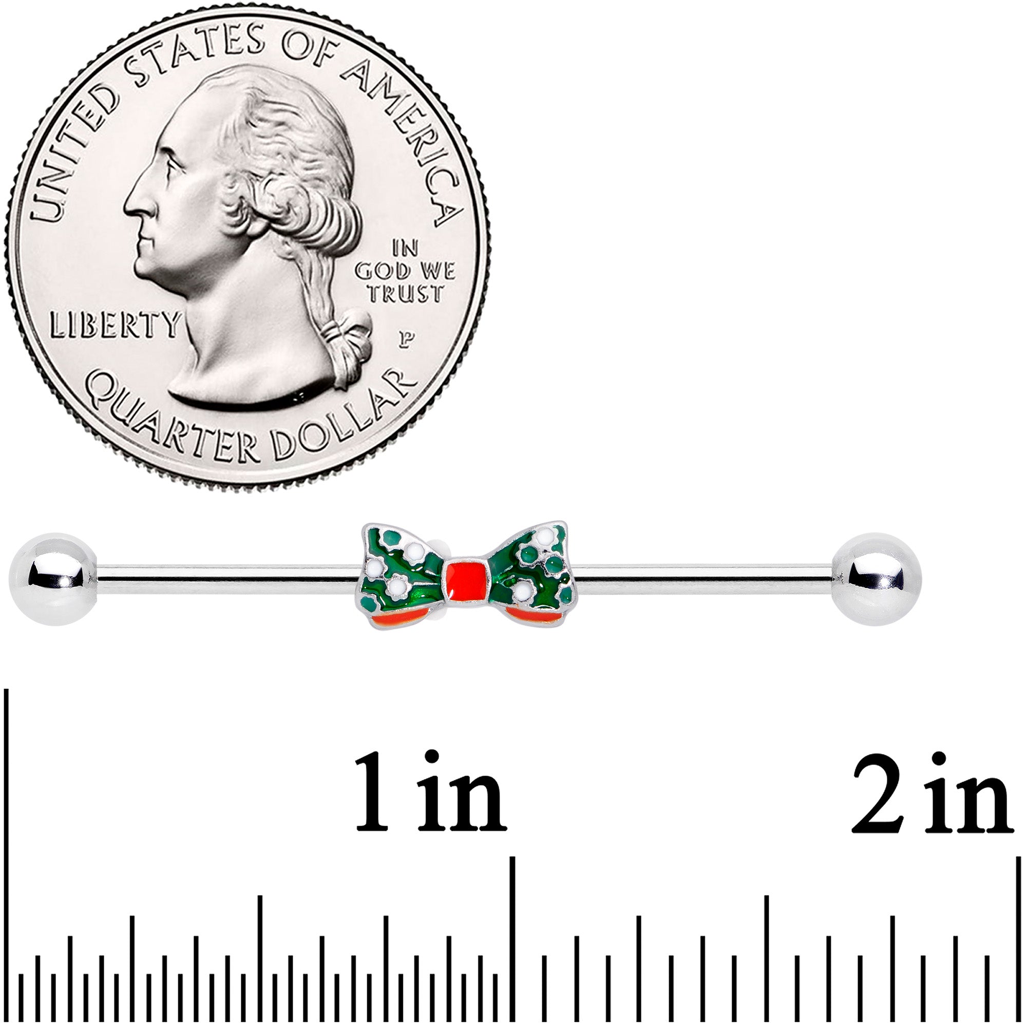 BodyCandy 14G Green Red White Bow Christmas Industrial Barbell 38mm — detail close-up