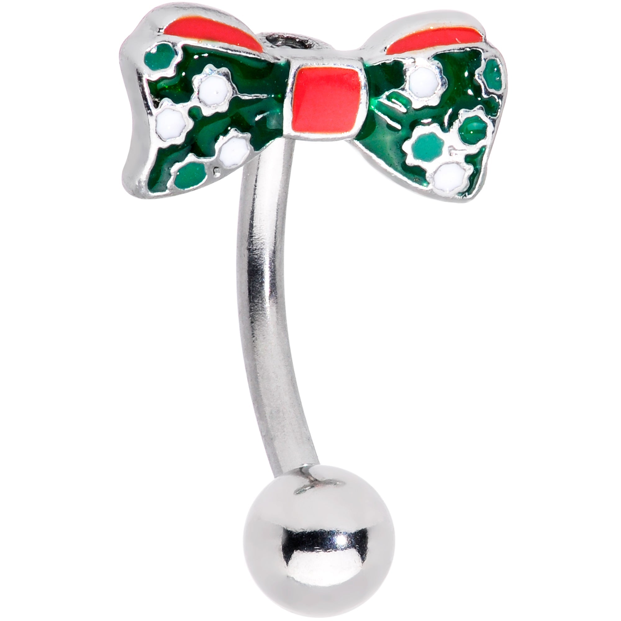 BodyCandy Green Red White Bow Christmas Belly Ring — detail close-up