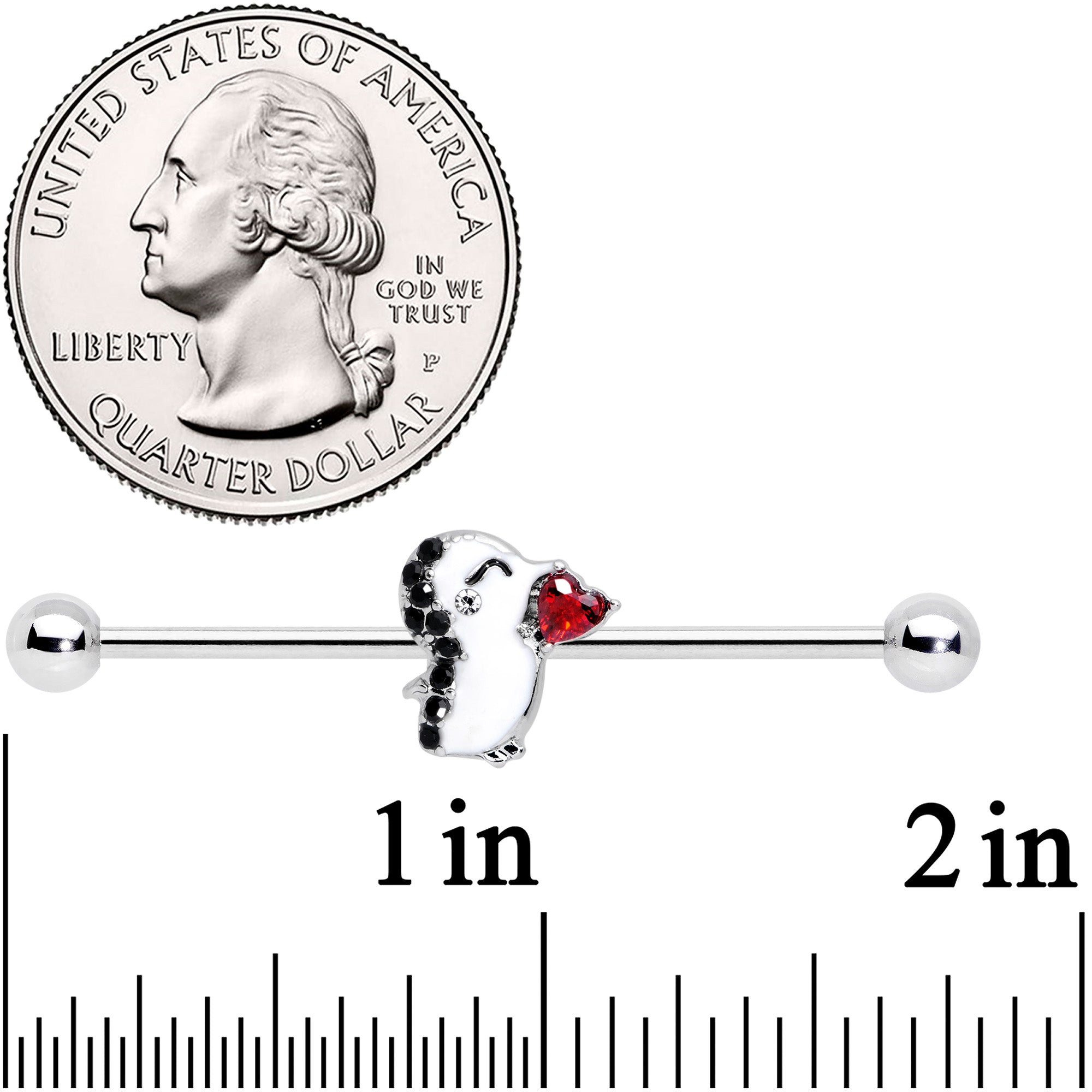 BodyCandy 14G Red Gem Penguin Heart Valentines Day Industrial Barbell 38mm — detail close-up
