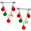 BodyCandy 14G 11/16 Red Green Bell Christmas Chain Dangle Nipple Ring Set — main product shot