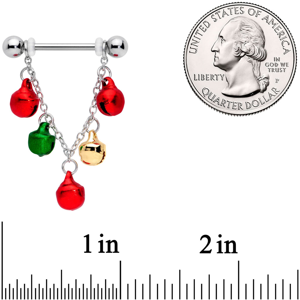 BodyCandy 14G 11/16 Red Green Bell Christmas Chain Dangle Nipple Ring Set — detail close-up