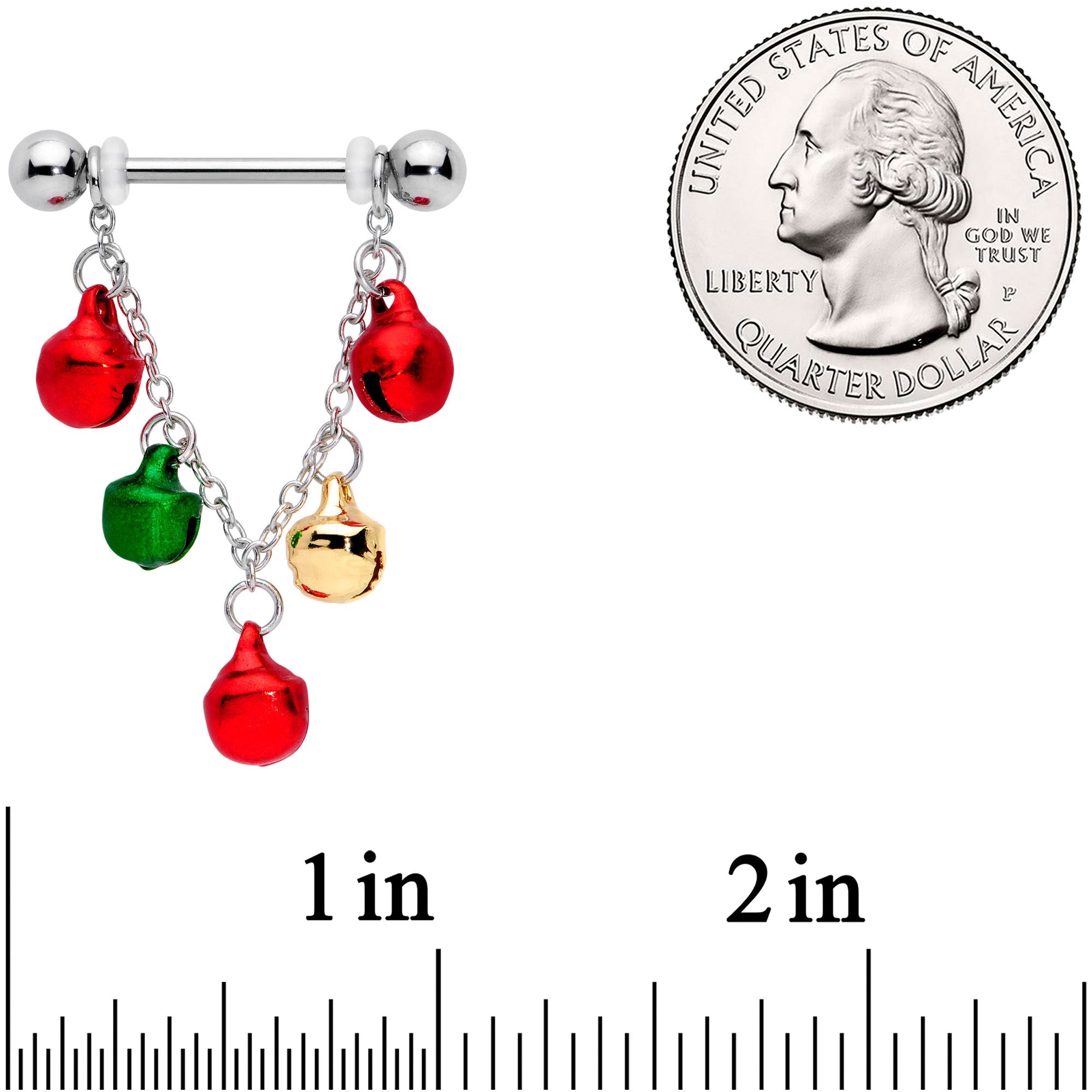 BodyCandy 14G 11/16 Red Green Bell Christmas Chain Dangle Nipple Ring Set — detail close-up