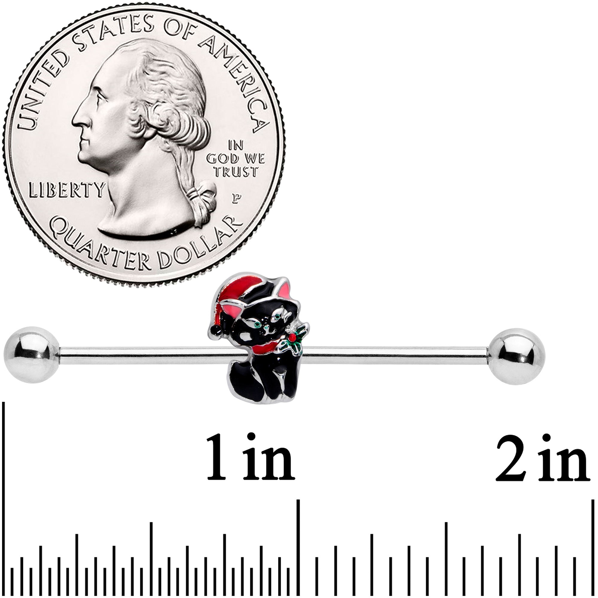 BodyCandy 14G Black Cat Santa Hat Christmas Industrial Barbell 38mm — detail close-up