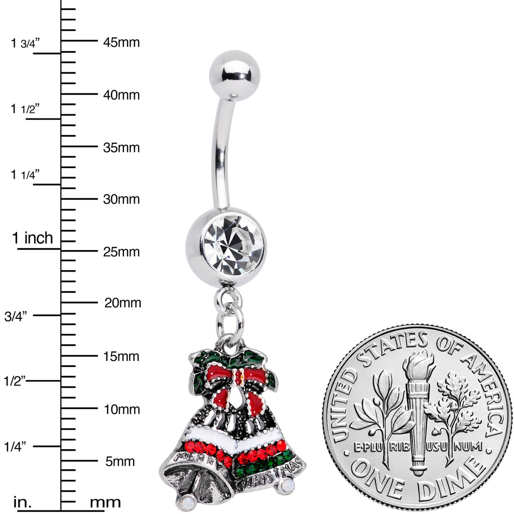 BodyCandy Clear Gem Red White Green Bells Christmas Dangle Belly Ring — detail close-up