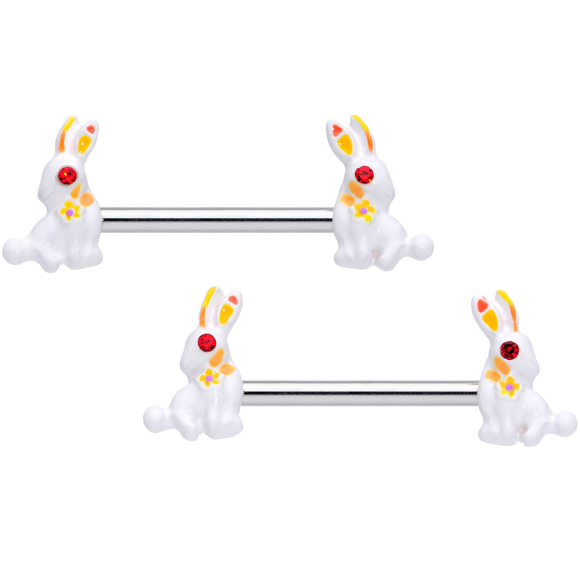 BodyCandy 14G 9/16 Red Gem White Easter Rabbit Barbell Nipple Ring Set — main product shot