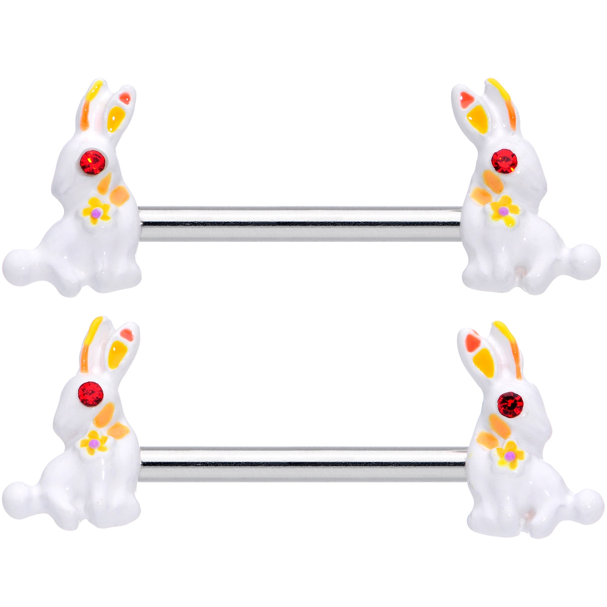 BodyCandy 14G 9/16 Red Gem White Easter Rabbit Barbell Nipple Ring Set — detail close-up