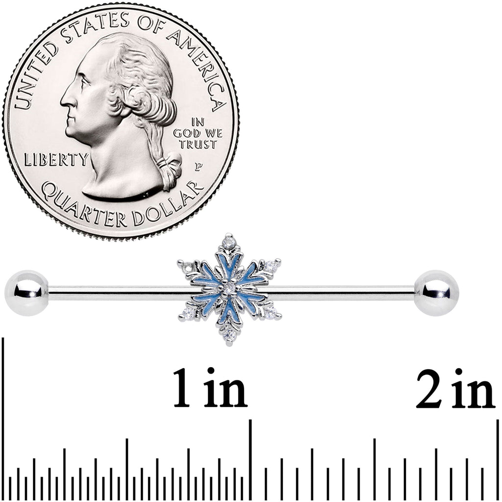 BodyCandy 14G Clear CZ Gem Blue Snowflake Christmas Industrial Barbell 38mm — detail close-up